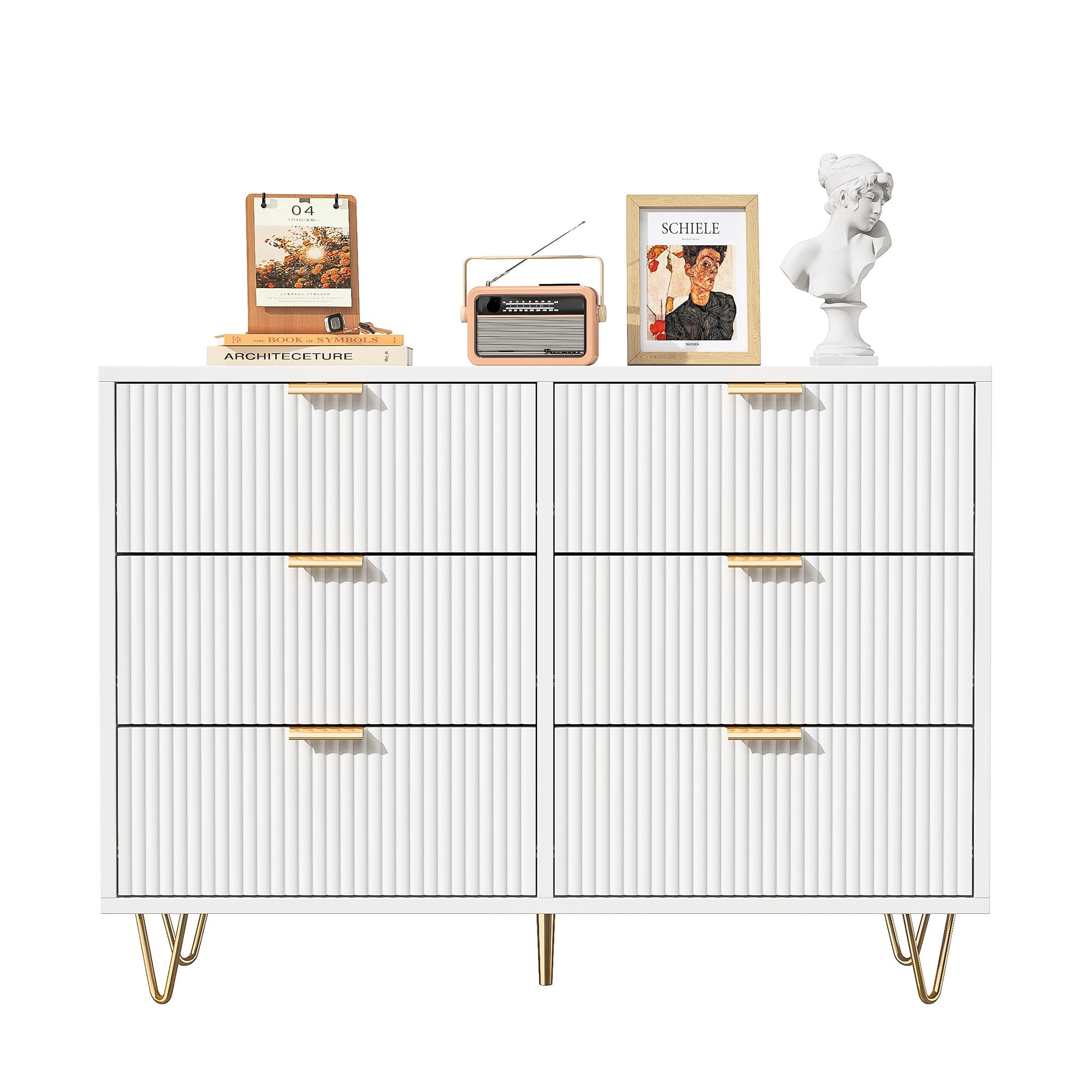 Commode à 6 tiroirs - 100 x 34 x 73 cm - avec poignées et pieds en métal doré - designe moderne armoire- blanc-pour Chambre à Coucher, Salon - 9