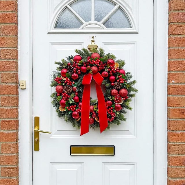 AUTRUCKER Corona navideña festiva para puerta principal, adorno navideño artificial, decoración navideña colgante (40 cm, luz incluida)