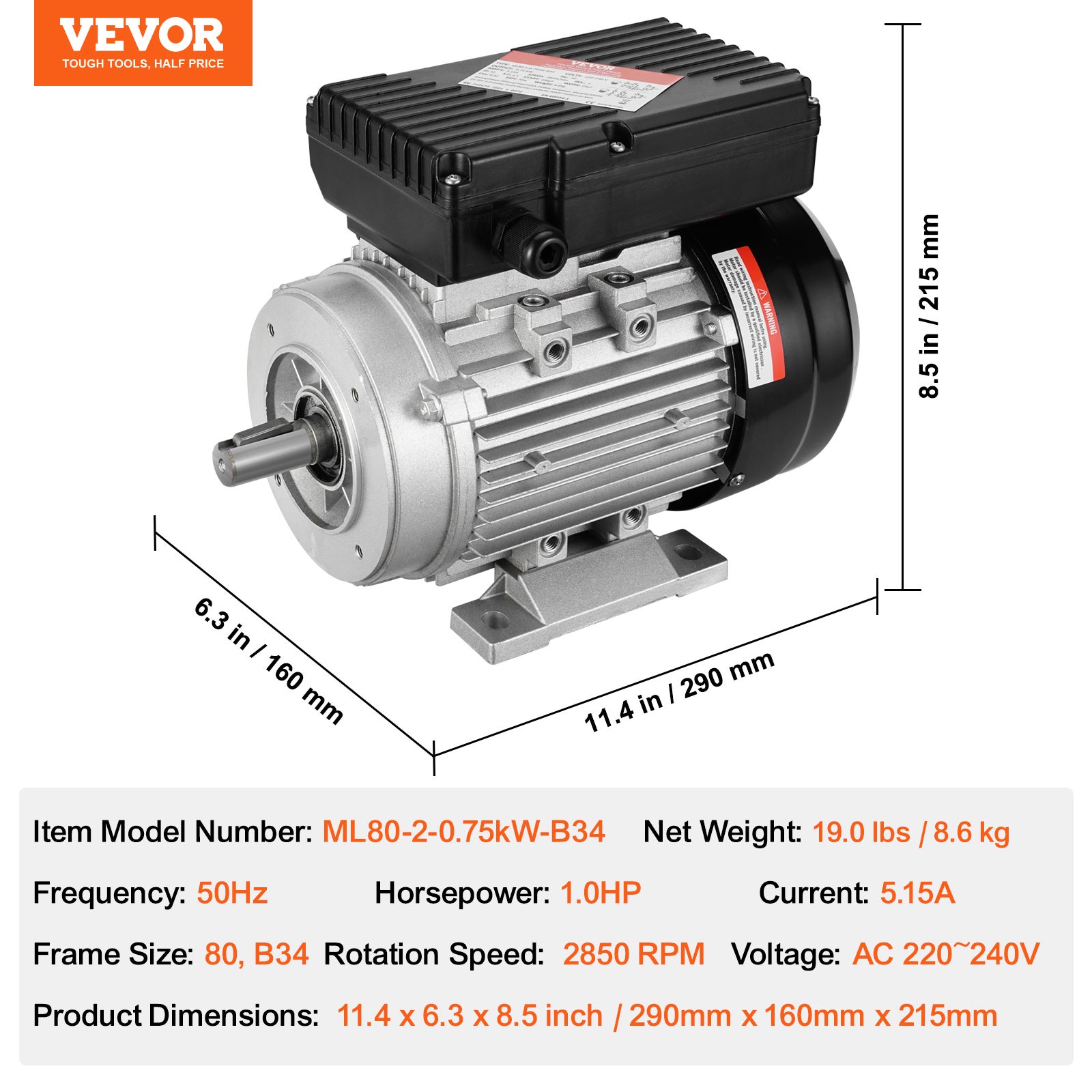 Moteur électrique VEVOR 2,2kWmoteur compresseur d'air monophasé,2800 tr/min,CA 220-240 V,13,8 A,cadre 90L,B3,arbre à clavette 24 mm,rotation CW/CCW - 7