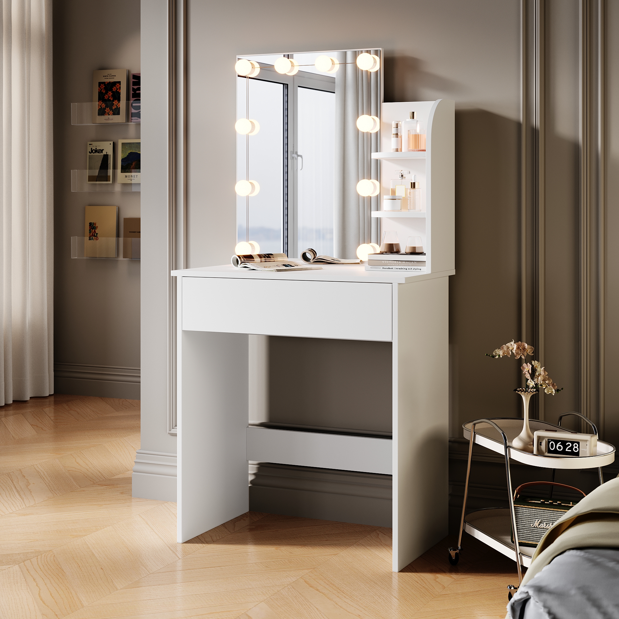 Comodino Con Specchio E 3 Cassetti - Vetro E MDF, 30x30x60 Cm, Moderno, Per Camera Da Letto