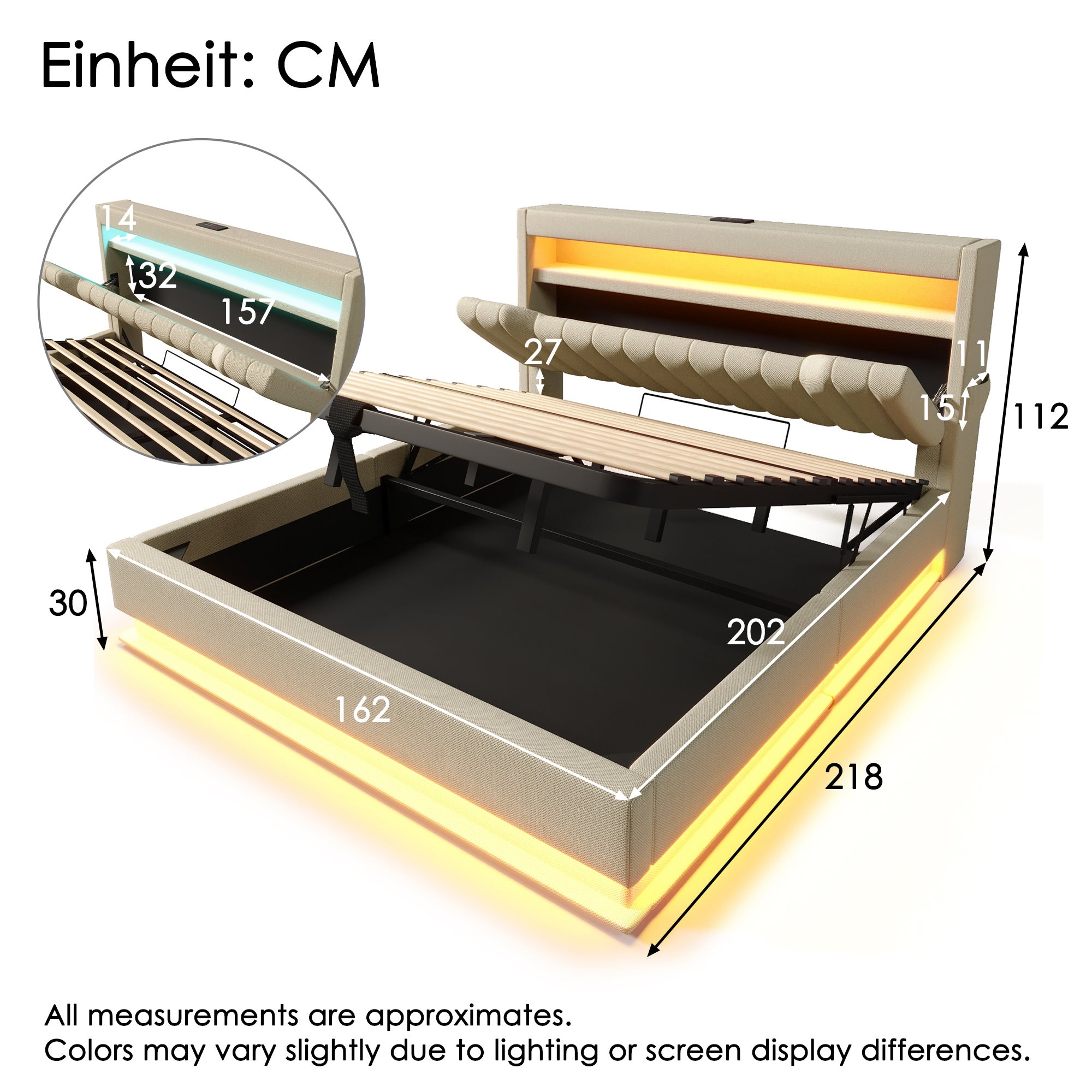 Lit coffre 160x200 cm, lit double hydraulique, tête de lit avec rangement comprenant des ports USB et Type-Cet lumière LED, beige, lin, Sans matelas. - 9