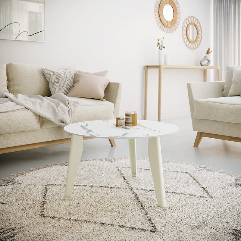 Table basse ronde DECO-GEM, plateau compact décor marbre, 3 pieds acier ...