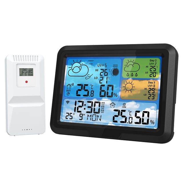 Station météo numérique sans fil avec écran LCD, prévisions sur 3 jours, température humidité intérieur/extérieur, réveil et phase de lune