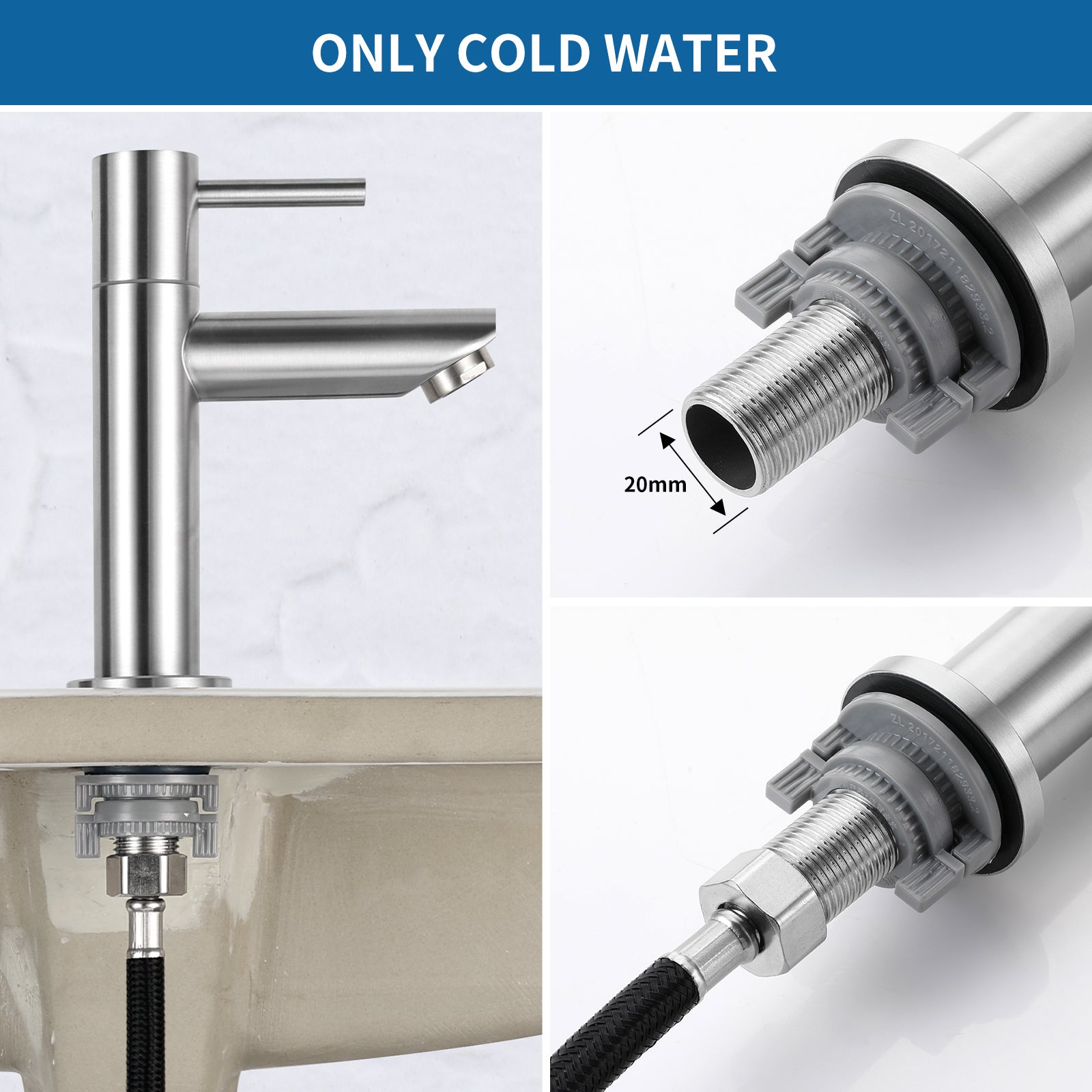 Cecipa max Robinet de lave-main Robinet de Froide Robinet de lavabo Brossé, Robinet de Lavabo d'eau Froide, Avec Aérateur Remplaçable,EU Modèle - 7