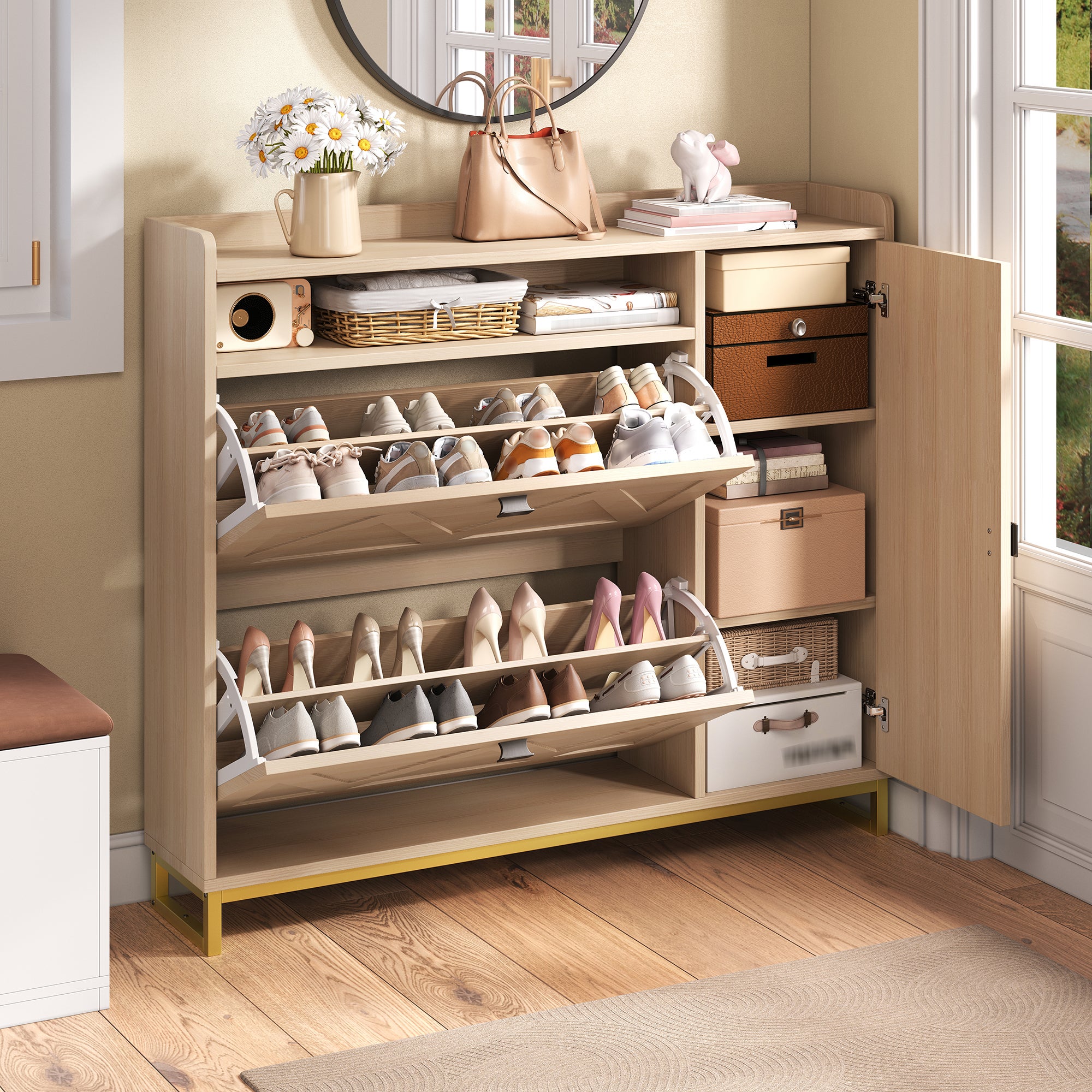 Szafka na buty z 2 drzwiami uchylnymi, 1 szafką boczną i 1 przegrodą - MDF i metal - 110 x 24 x 100 cm - Naturalna