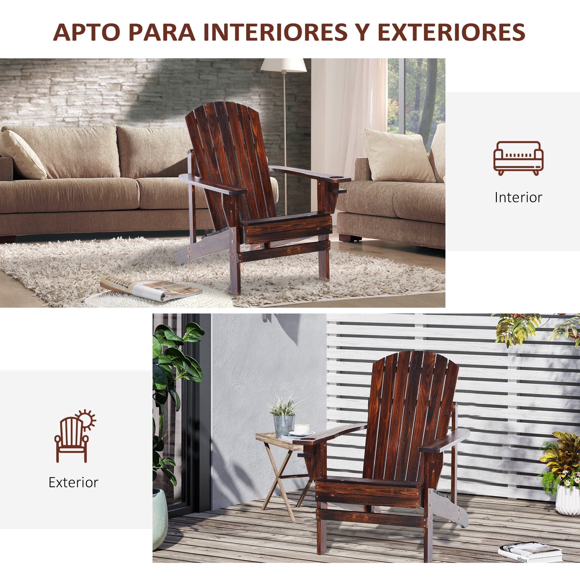 Cadeira Adirondack de Jardim Outsunny Castanho Rústico Madeira de Abeto 72.5x97x93cm - 7