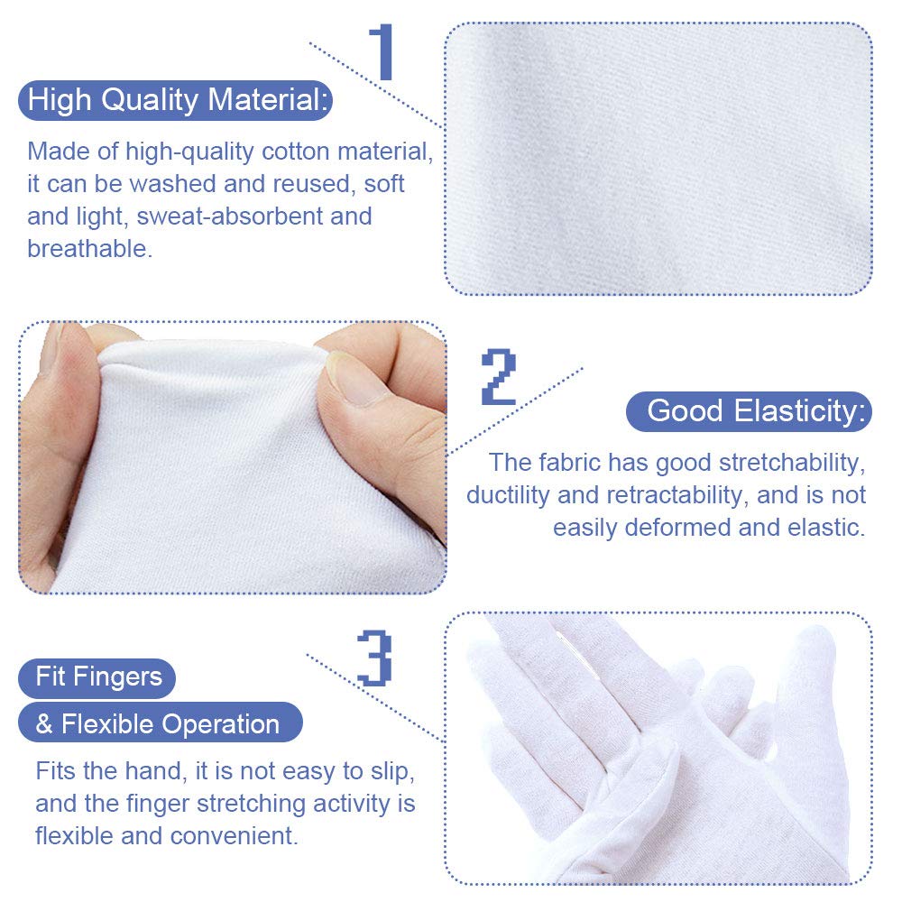 12 Paires de Gants en Coton Blanc, Gants en Coton, Confortables et Respirants, Gants de Coton Blanc Réutilisables Gants Blancs Gants Coton - 2