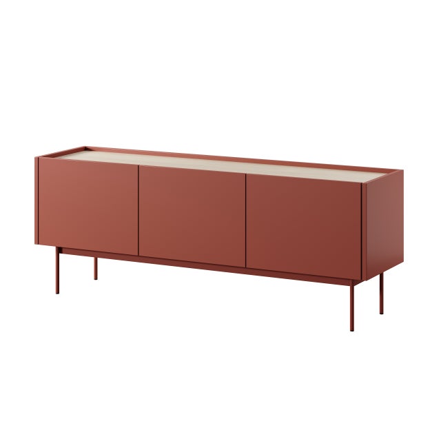Szafka RTV COLOR Ceglasty Czerwony 144 cm z Dębowym Blatem i Metalowymi Nóżkami Styl Glamour Nowoczesny