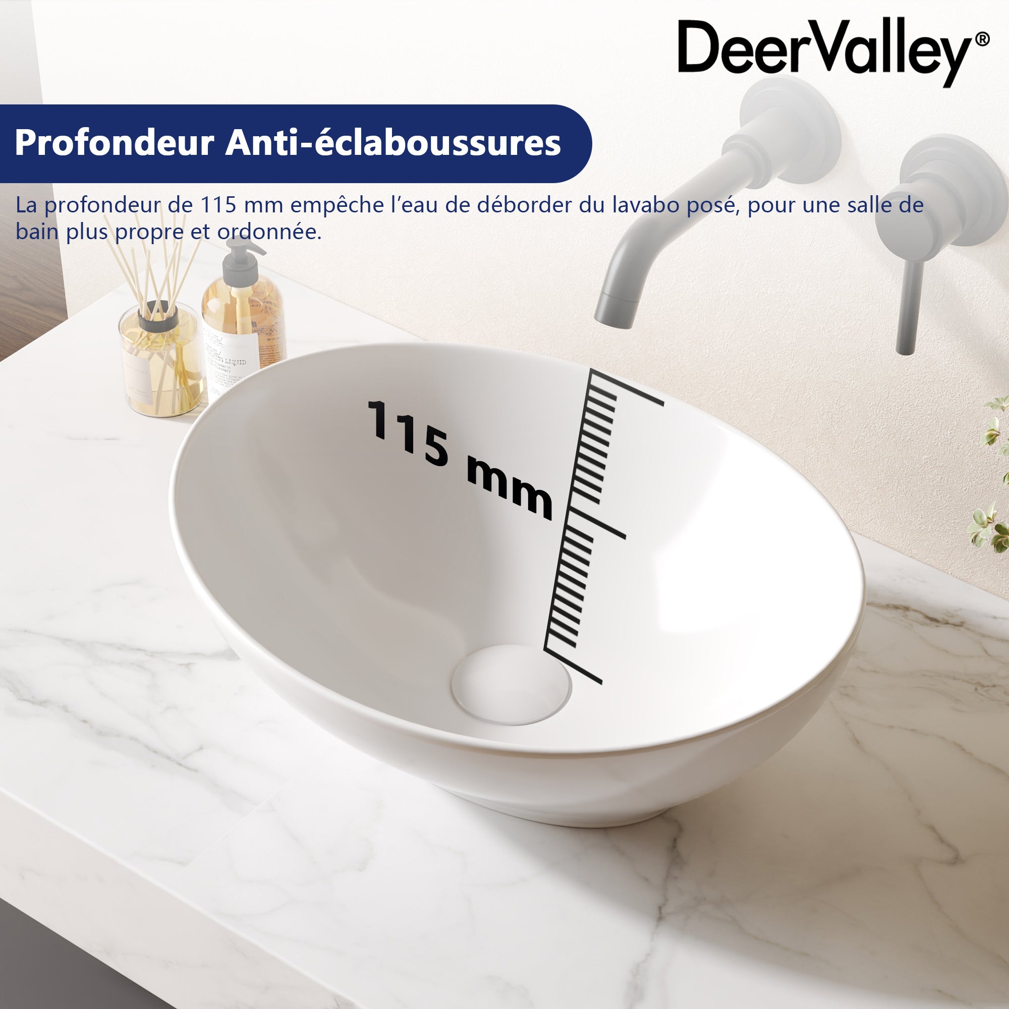 Vasque à Poser Salle de Bain Ovale DeerValley – Vasque a Poser en Céramique Blanc, 41 x 33 x 14.5cm - 4