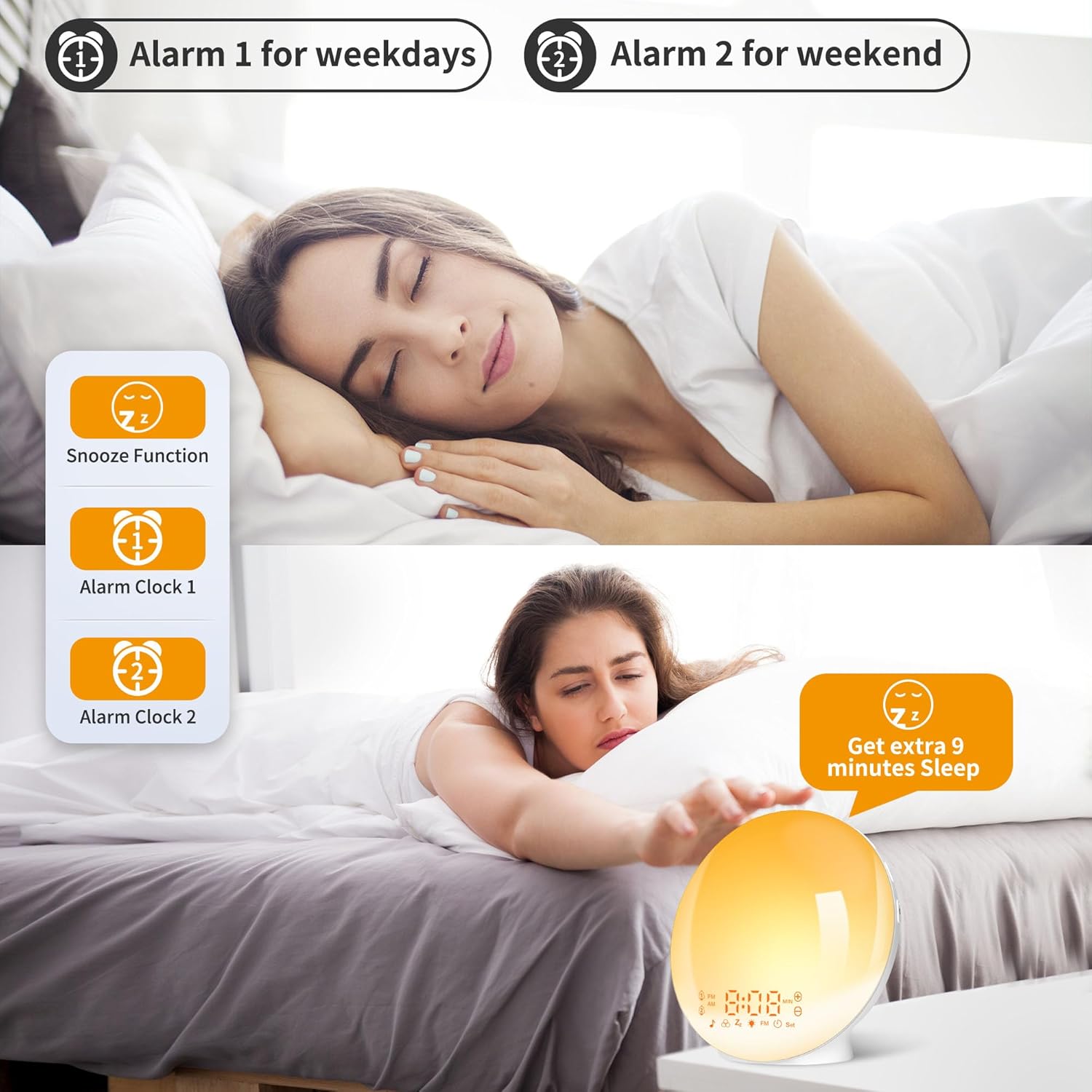 Eveil Lumière LED Radio Réveil Matin Lumineux Lampe de Chevet Simulateur d'Aube et Crépuscule 2 Réveils 7 Sons Naturels Fonction (Jaune) - 2