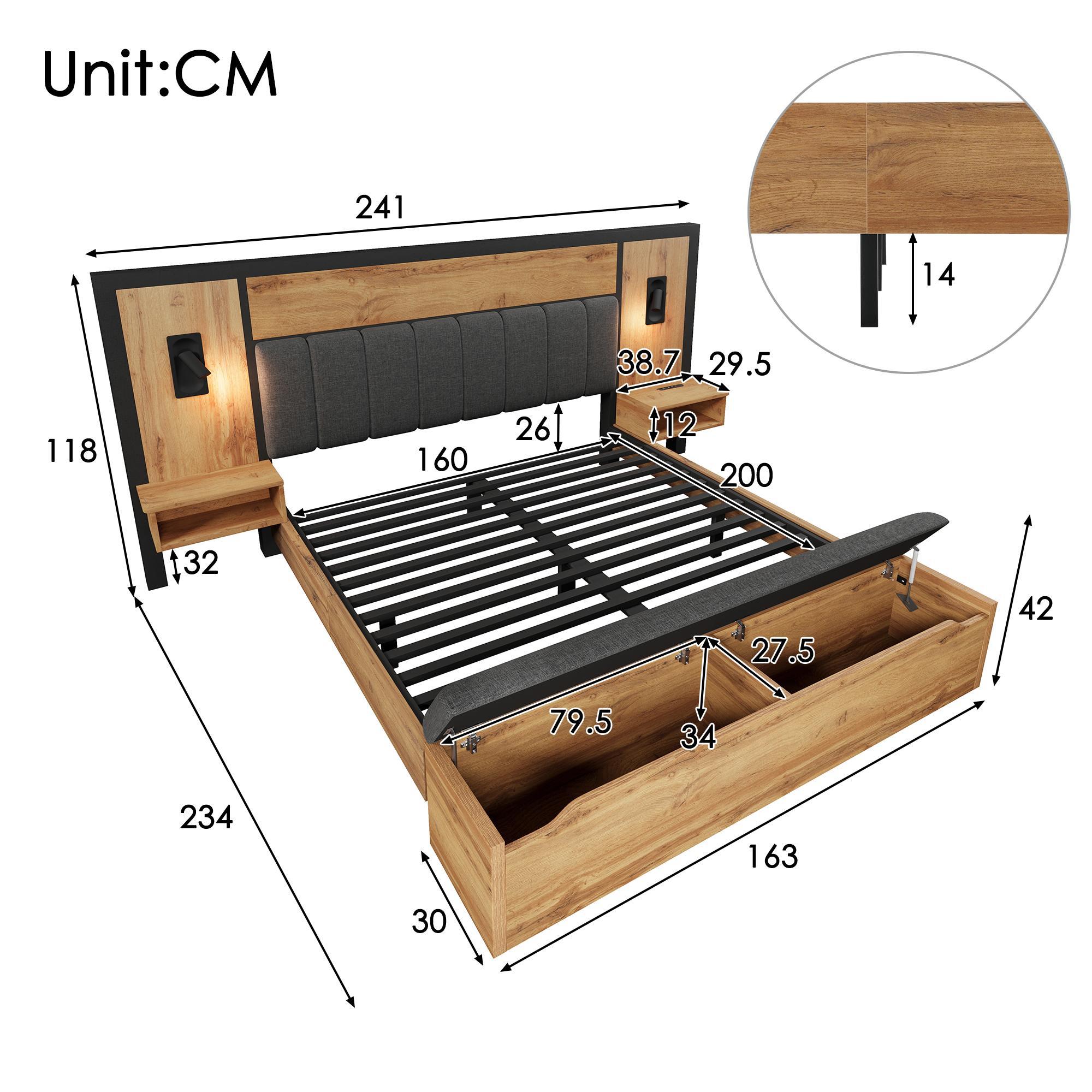 Lit adulte 160×200cm - avec liseuse + prises chargement + banquette de rangement - avec sommier en métal - Naturel - 5