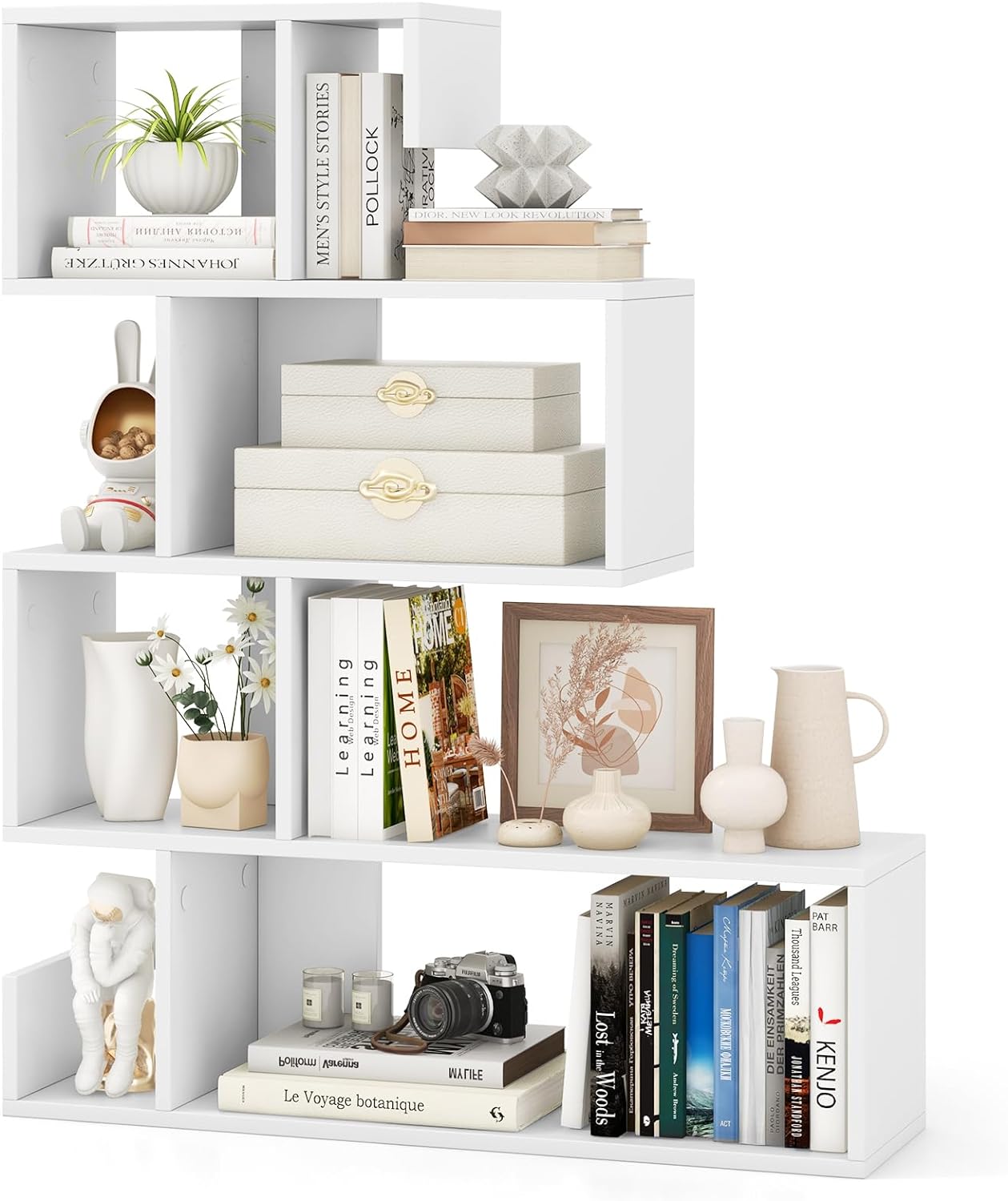 5-Poziomowa Biblioteczka w Kształcie Litery S, Regał Biblioteczny z Zestawami Anti-Tilt, Otwarte Półki Geometryczne, 80 x 22 x 100 cm (Biały)