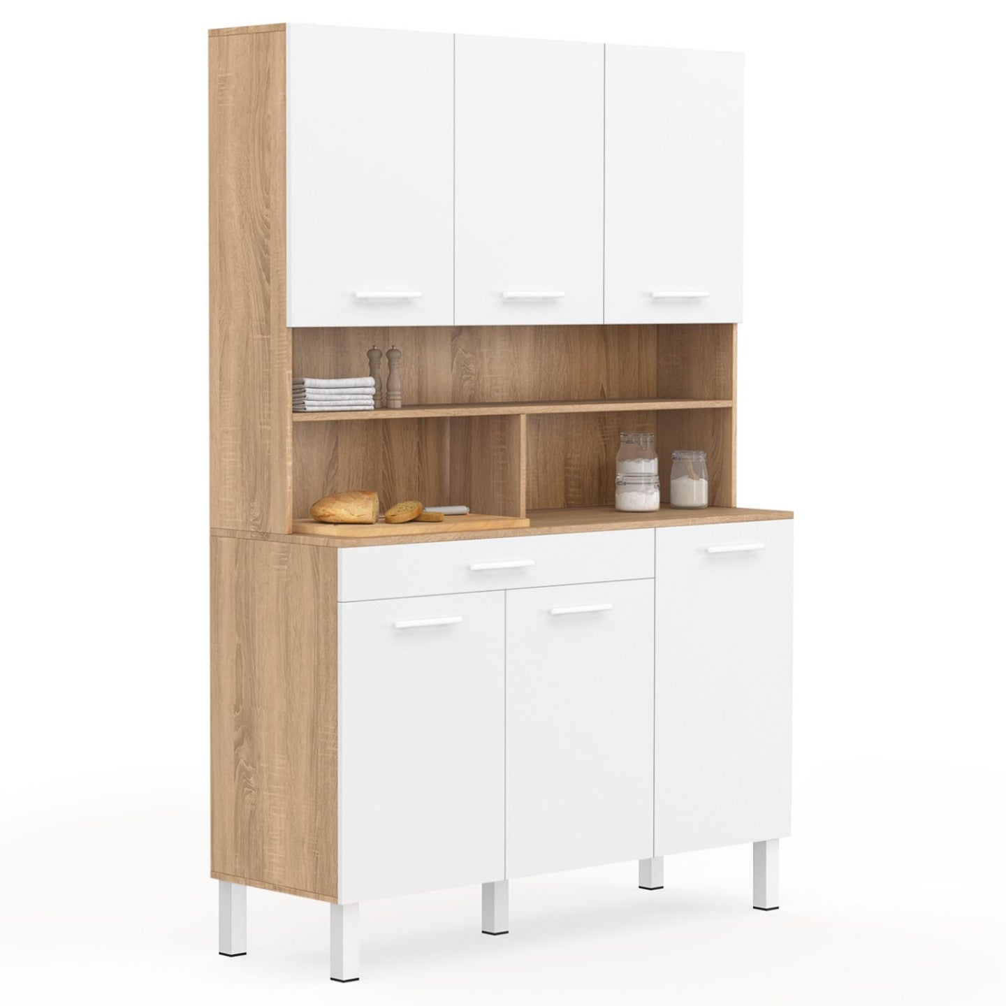 Buffet de cuisine 120 CM CINA 6 portes + tiroir façon hêtre et blanc - 2