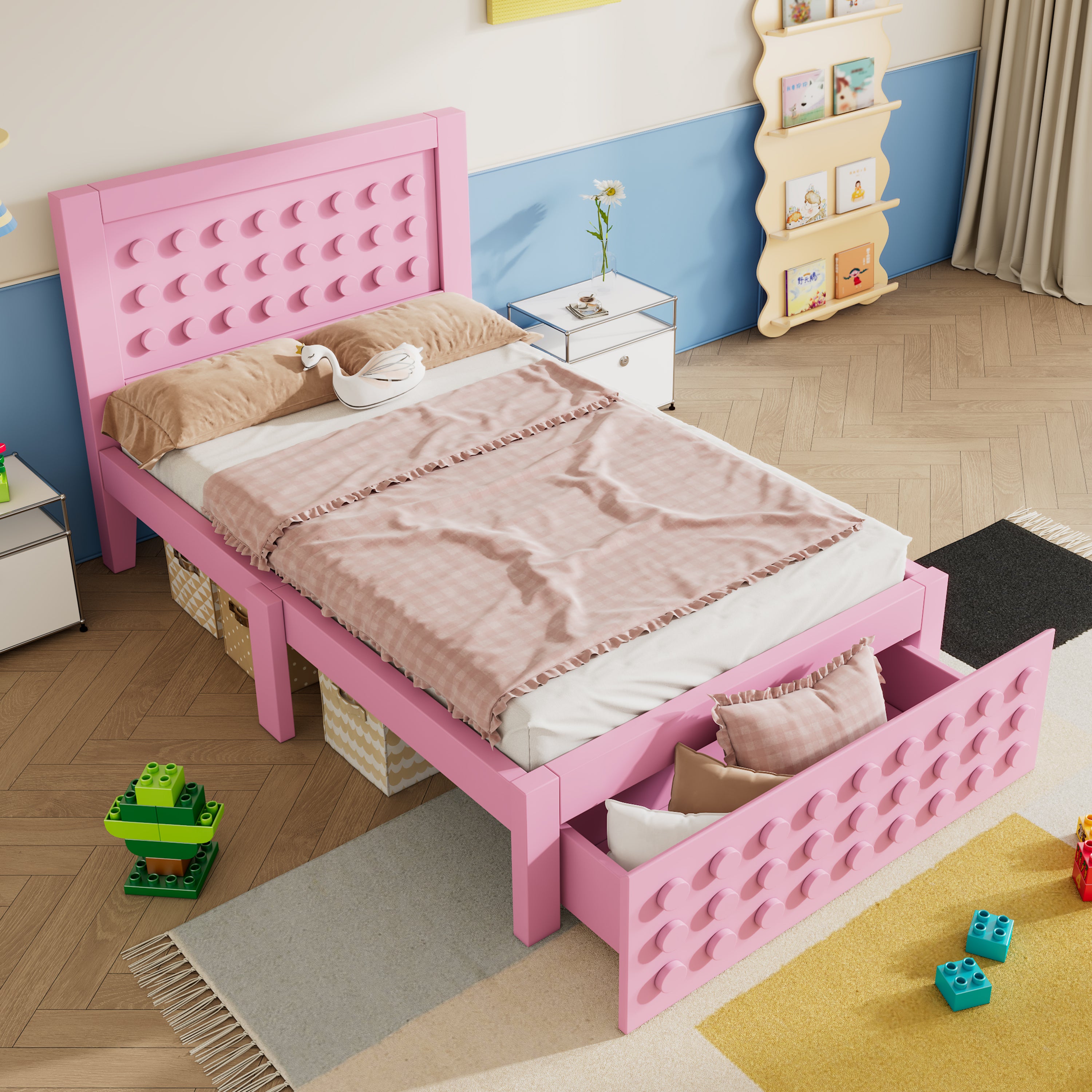 Łóżko dziecięce 90x190 cm - z szufladami i schowkiem pod łóżkiem - ze stelażem - MDF - Różowe (bez materaca)