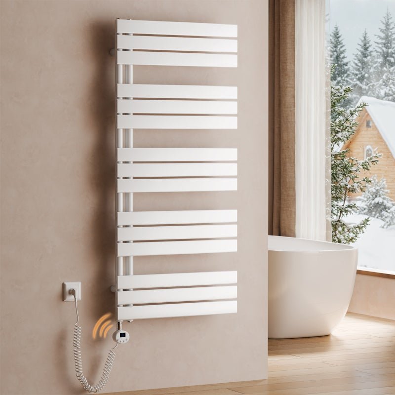 Grzejnik łazienkowy elektryczny WiFi z inteligentnym termostatem – Zdalne sterowanie przez aplikację, montaż na ścianie, biały, 132 × 60 cm, 800 W