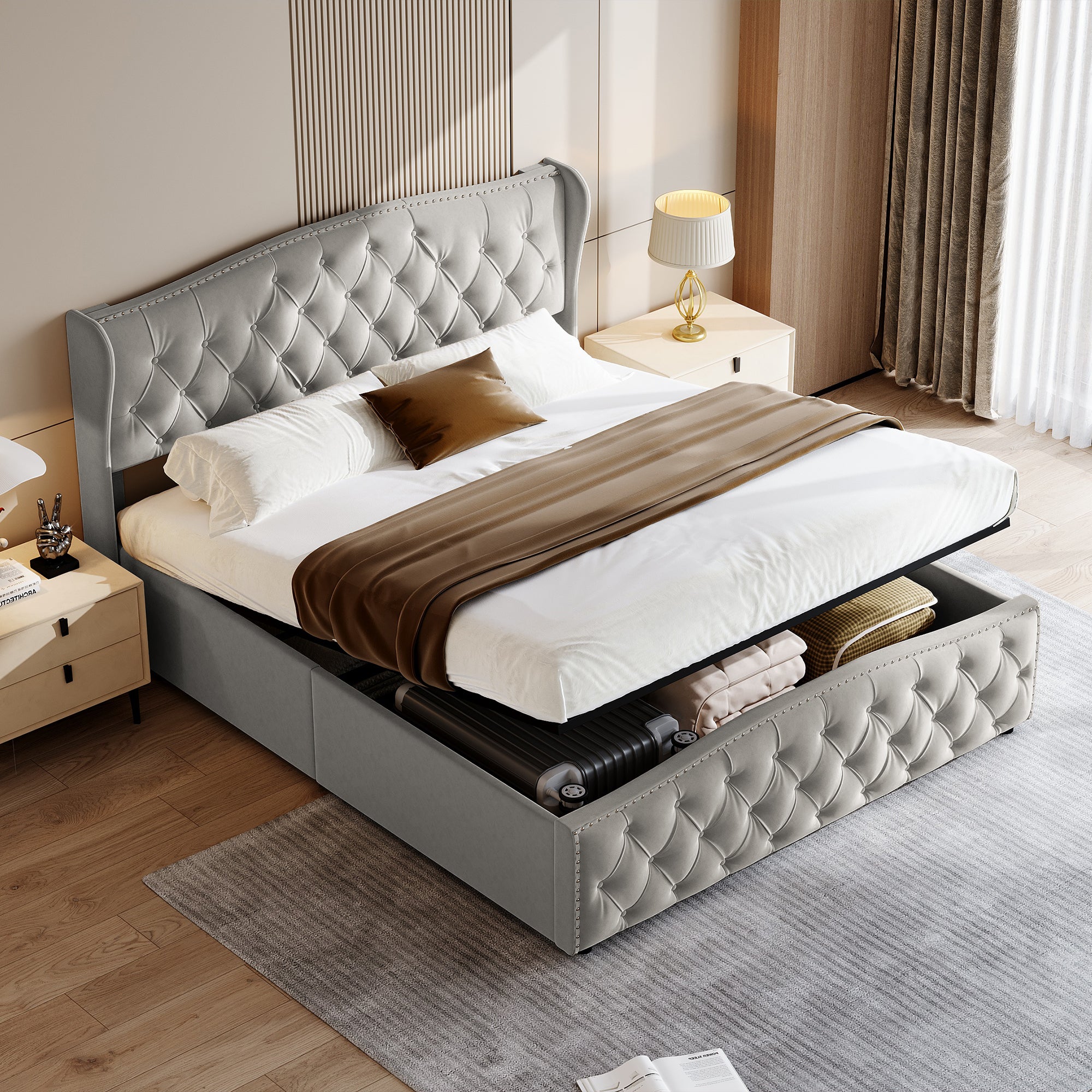 Lit Double 160x200 Cm Avec Rangement Hydraulique - Velours Beige, LED, Ports USB/Type-C, Sommier Lattes