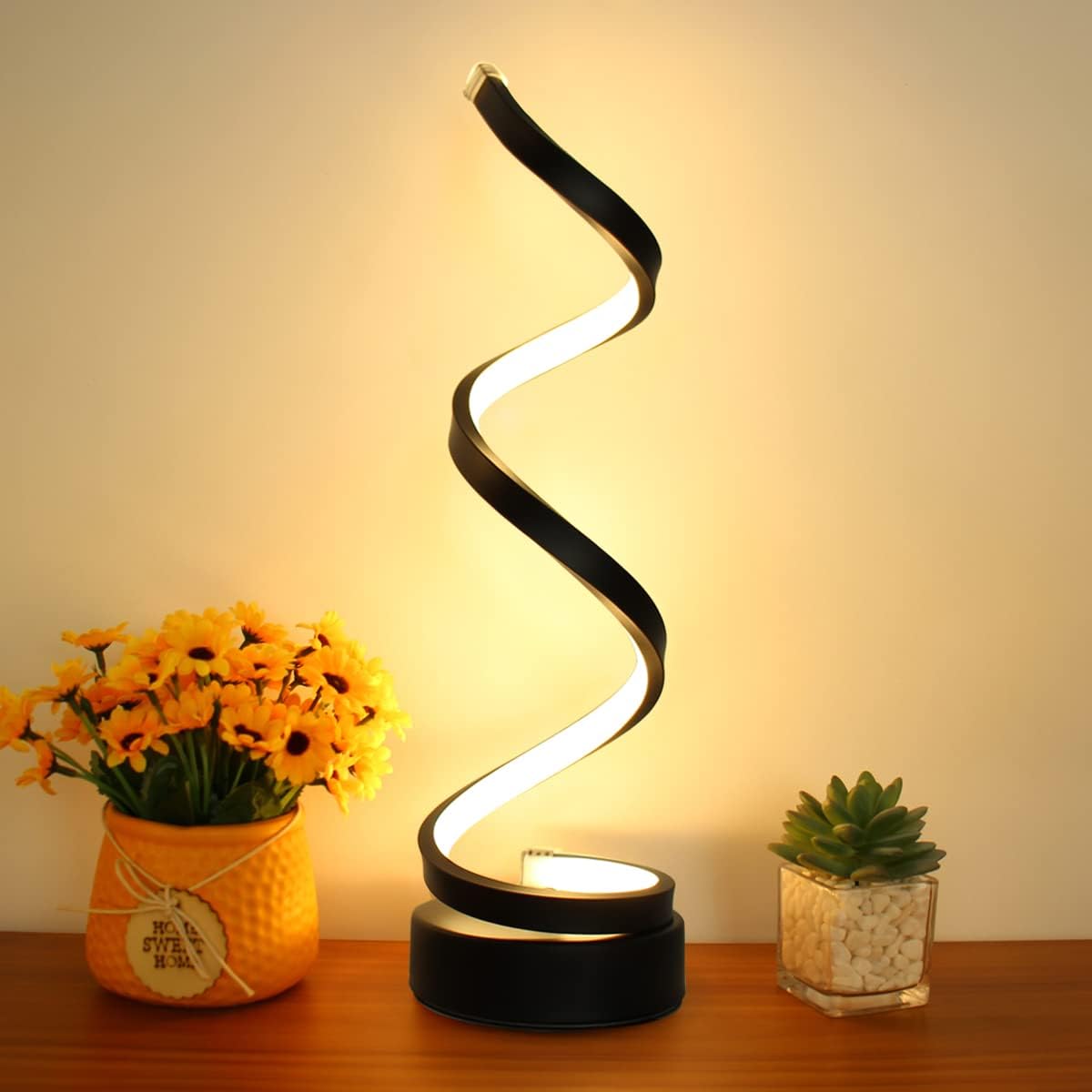 Nowoczesna, prosta, przyciemniana spiralna lampa stołowa LED do sypialni, salonu, stolika nocnego (czarna)