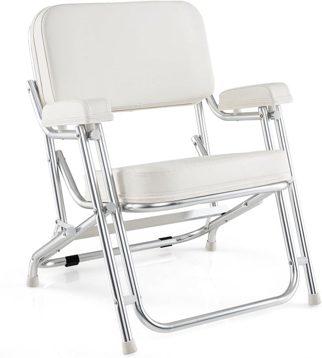 Składane krzesło na łódkę, z wyściełanym siedziskiem, oparciem i podłokietnikami, aluminiowa rama, do łodzi, jachtów, statków i na kemping