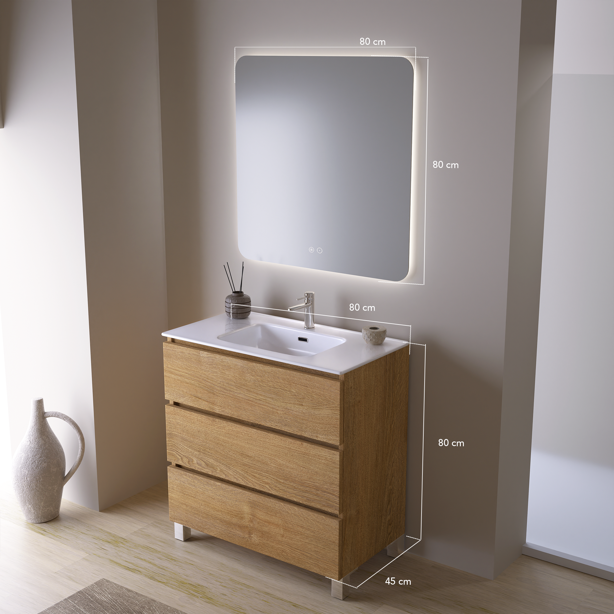 Feel Your Bath, Meuble De Salle De Bain JAGUAR Marron 80 cm, 3 Tiroirs, Vasque Céramique Intégrée Et Miroir Carré LED Antibuée - 3