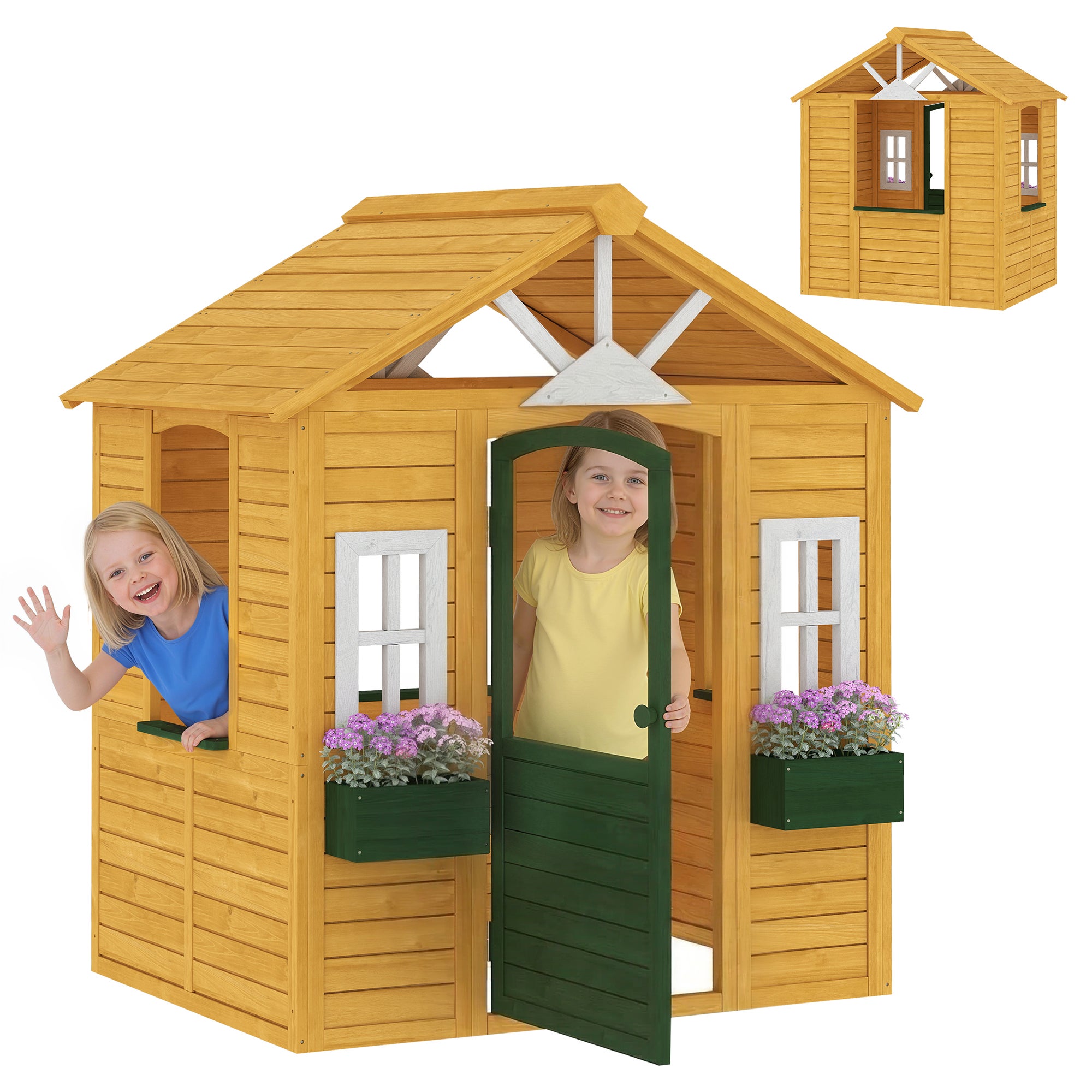 Outsunny Cabane Enfant Extérieur, Maison Enfant Extérieure, Avec Porte Fenetres Bac A Plantes Plancher En Bois Gris~1mg28el604o00