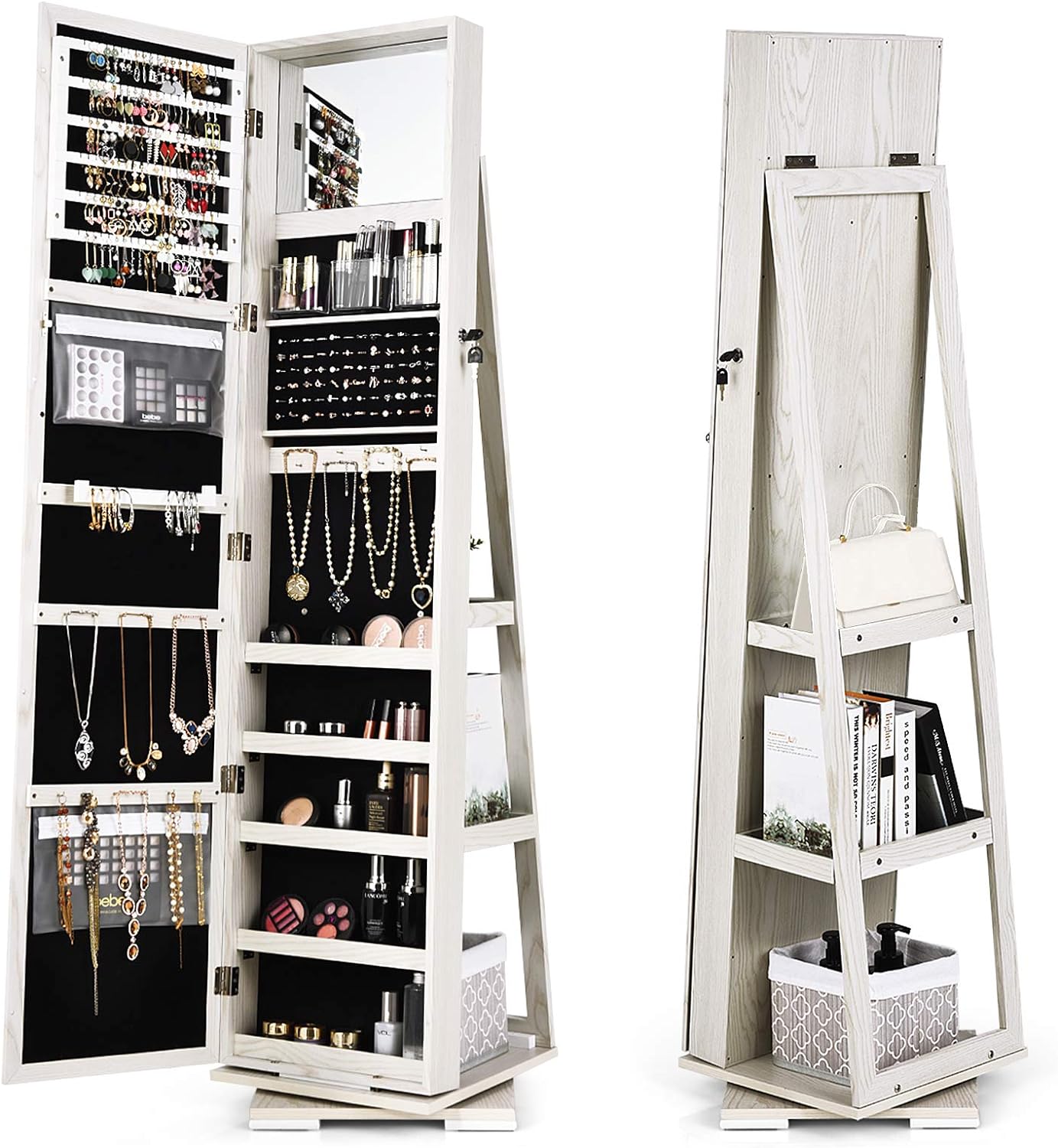 Armario joyero con espejo entero, armario para joyas con estantes con cerradura, giratorio de 360°para maquillaje y vestuario, 39×39×161cm(blanco)