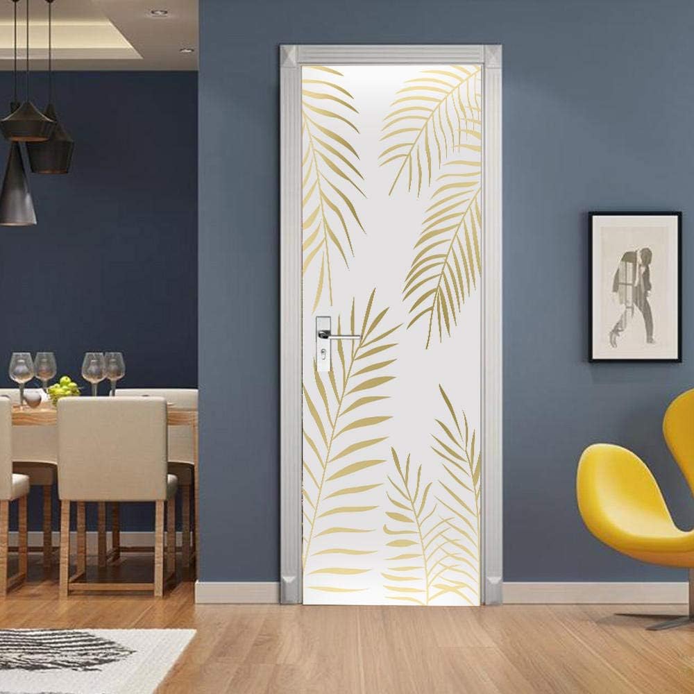 Naklejki samoprzylepne 3D na drzwi, złote liście palmowe, 77 x 200 cm, naklejka 3D DIY na drzwi, dekoracyjna naklejka ścienna