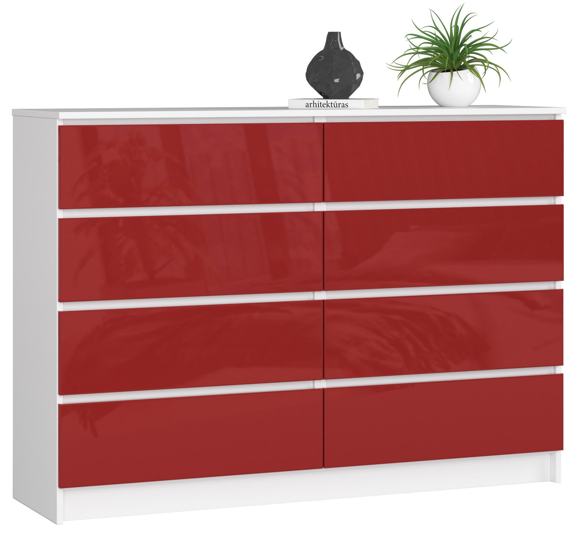 Komoda: 8 szuflad, kolor biały/czerwony połysk, 138 x 99 x 40 cm
