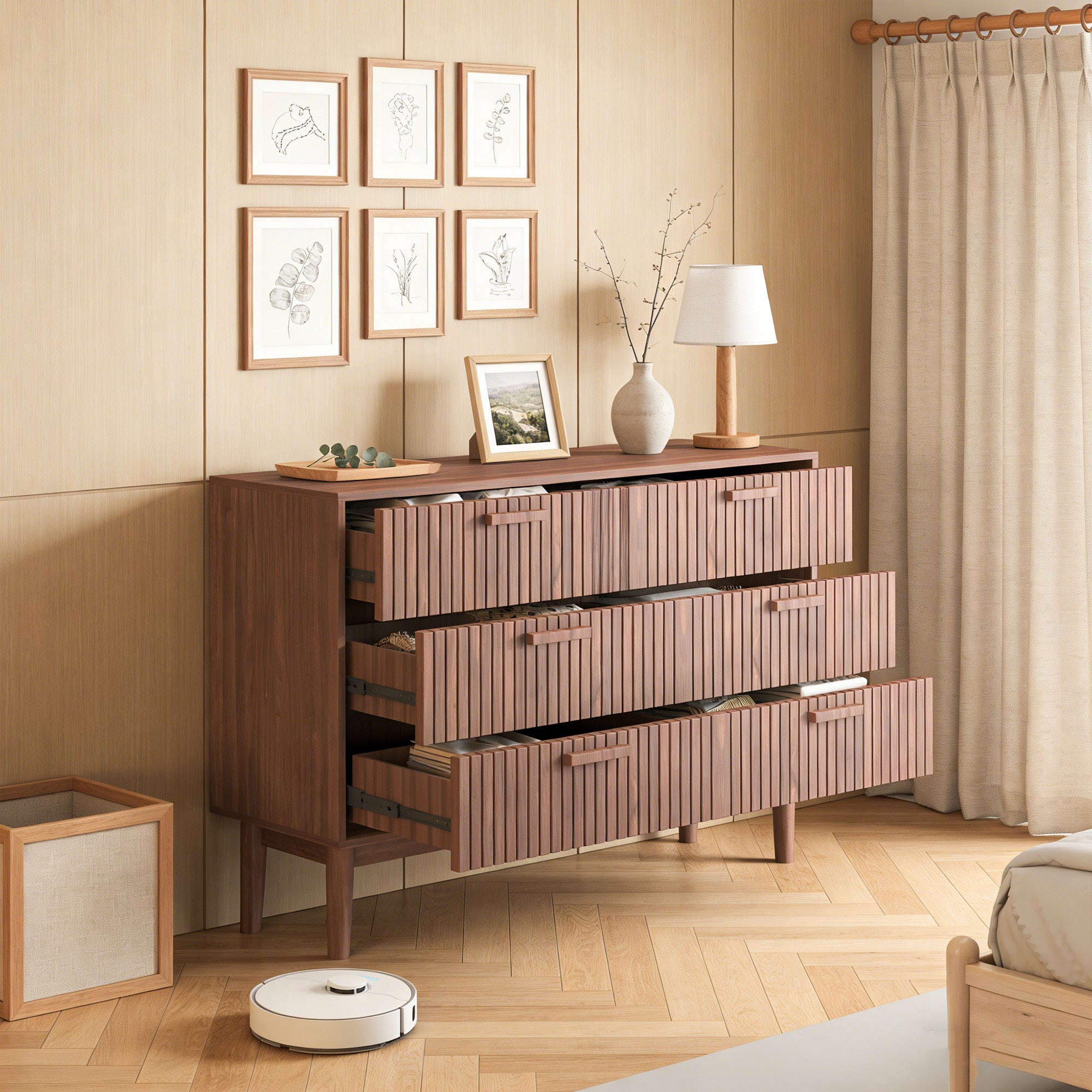 Commode avec 6 tiroirs, COZY, commode de chambre en bois, pieds en bois, 100x34x73 cm, Aspect bois, pour chambre salon, Bois noyer - 3