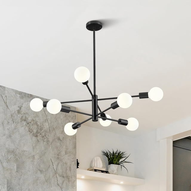 Żyrandol Sputnik, lampa wisząca 8-punktowa, lampa sufitowa w stylu retro industrial, nowoczesny czarny żyrandol (bez białej żarówki)
