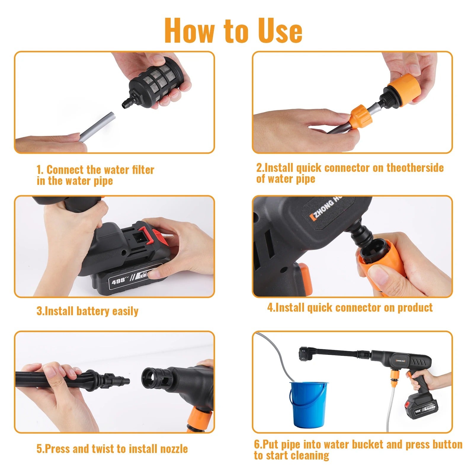 Nettoyeur Haute Pression Sans Fil 6-en-1 - 60 Bar 10L/min, Batterie 10000mAh x2, pour Voiture/Jardin (30,000 tr/min) - 8