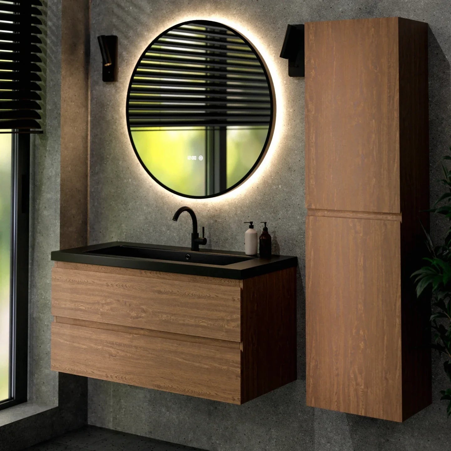 Meuble de salle de bain Sena - 100 cm - Chêne chaud - Vasque noire - 6