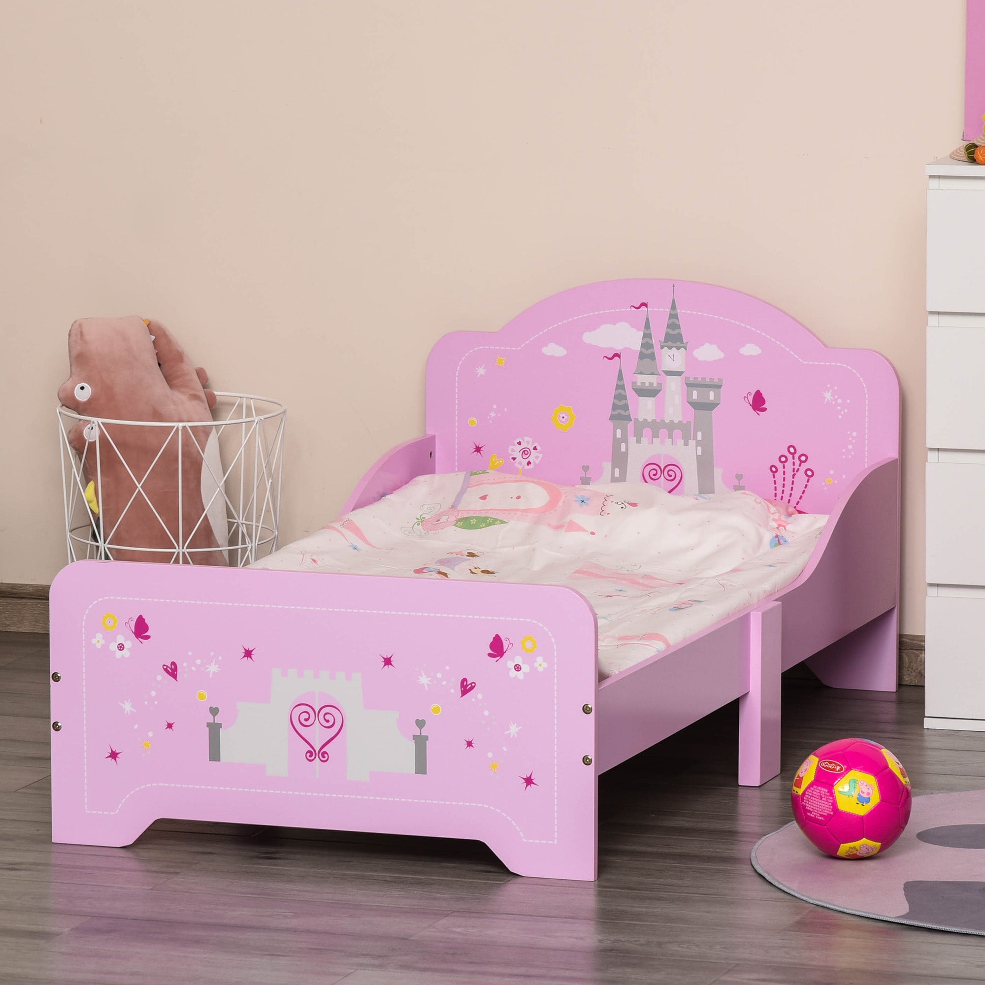 HOMCOM Kinderbett Mit Schloss-Design - Rosa Kinderbett 143x73x60cm Für 3-6 Jahre