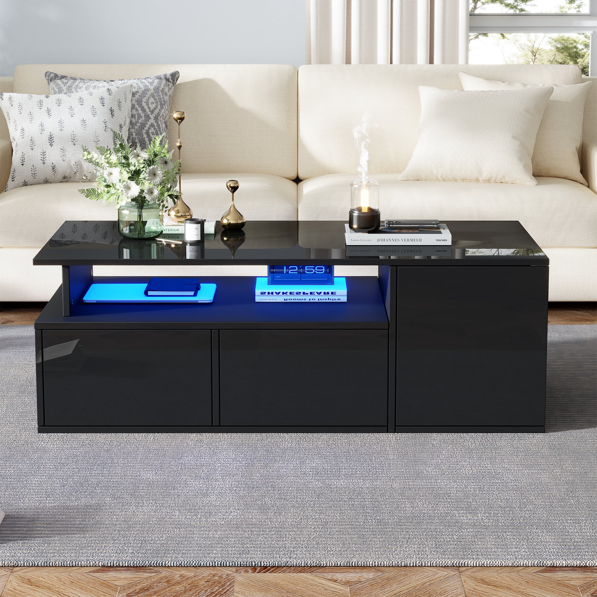 Stolik kawowy wysokopołysk 100×50×35 cm - z oświetleniem LED - 2 szuflady - 3 przegródki - czarny