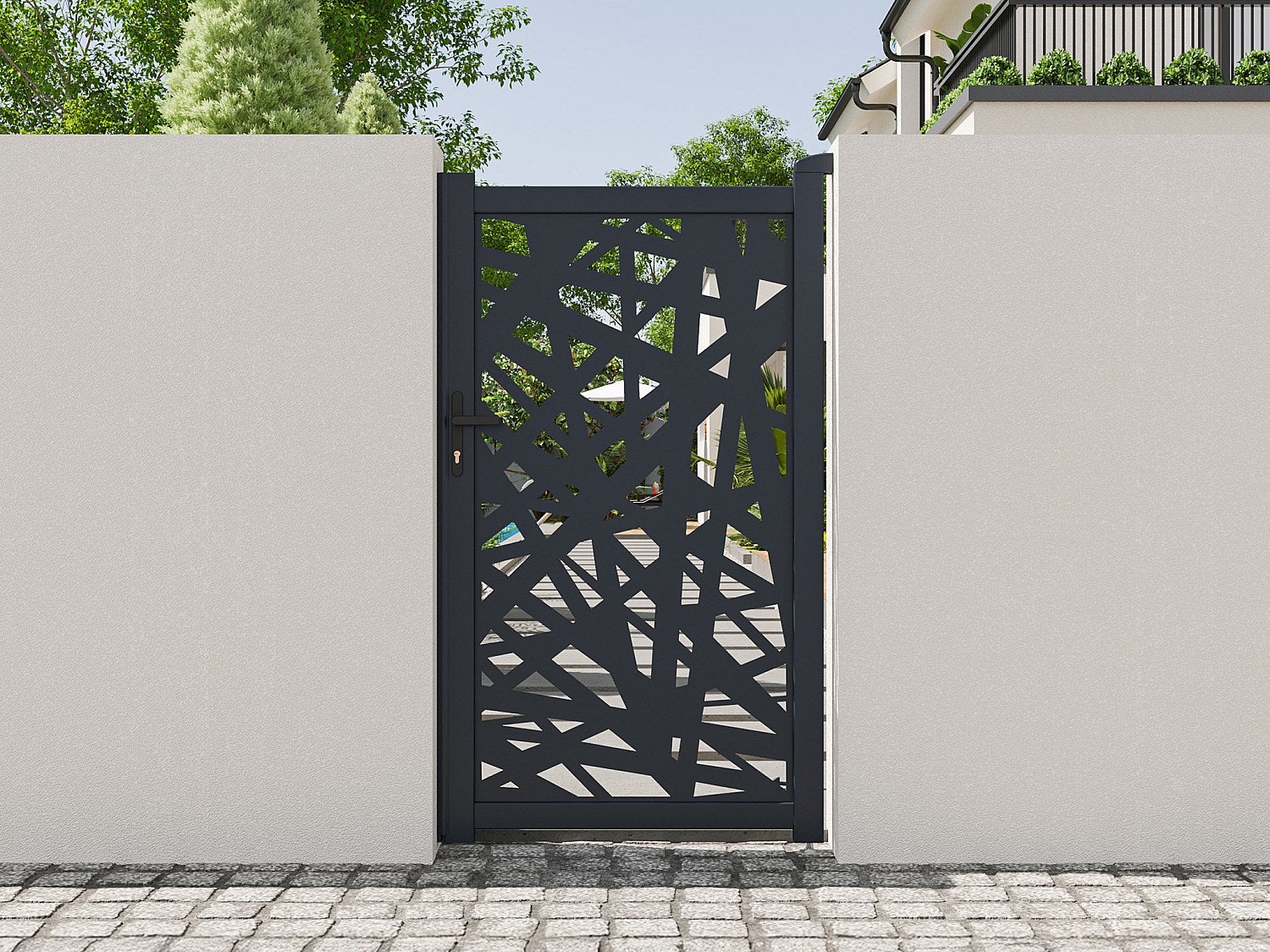 Furtka skrzydłowa z aluminium z motywem geometrycznym wyciętym laserowo – szer. 103 x wys. 181 cm – antracyt – NATAFO