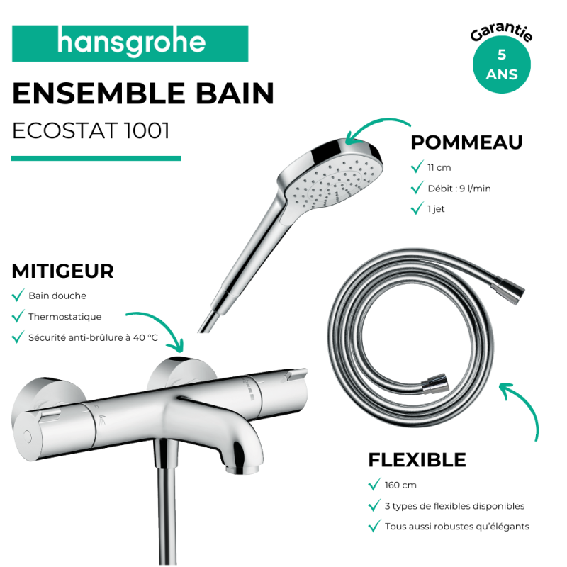 Pack mitigeur bain thermostatique HANSGROHE Ecostat 1001CL + Flexible Isiflex + Pommeau Croma Select E EcoSmart blanc/chromé - 3