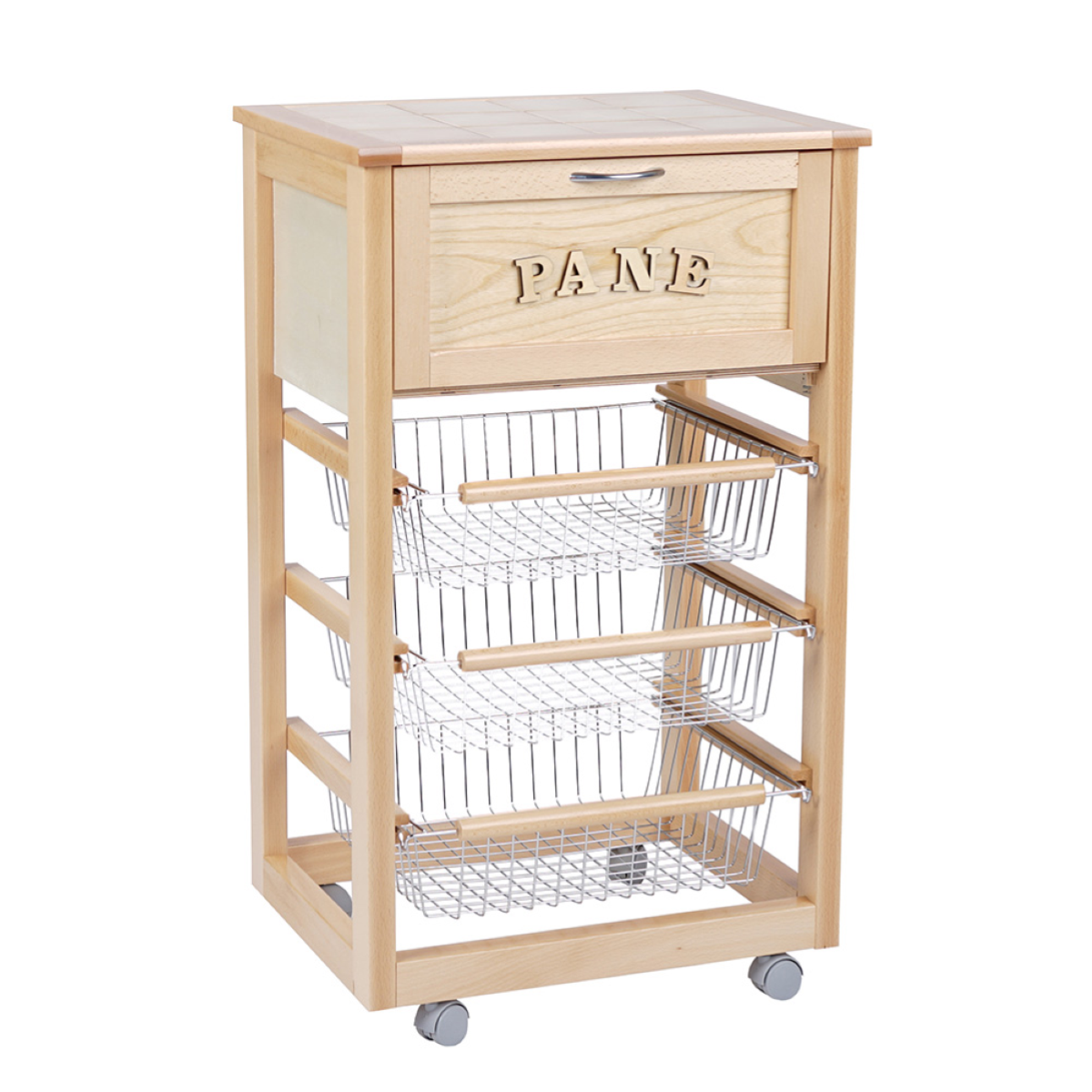 BAKAJI Carrello Portafrutta In Legno Massello Naturale Con 4 Ruote E Cestelli – Jolly, Montaggio Facilitato