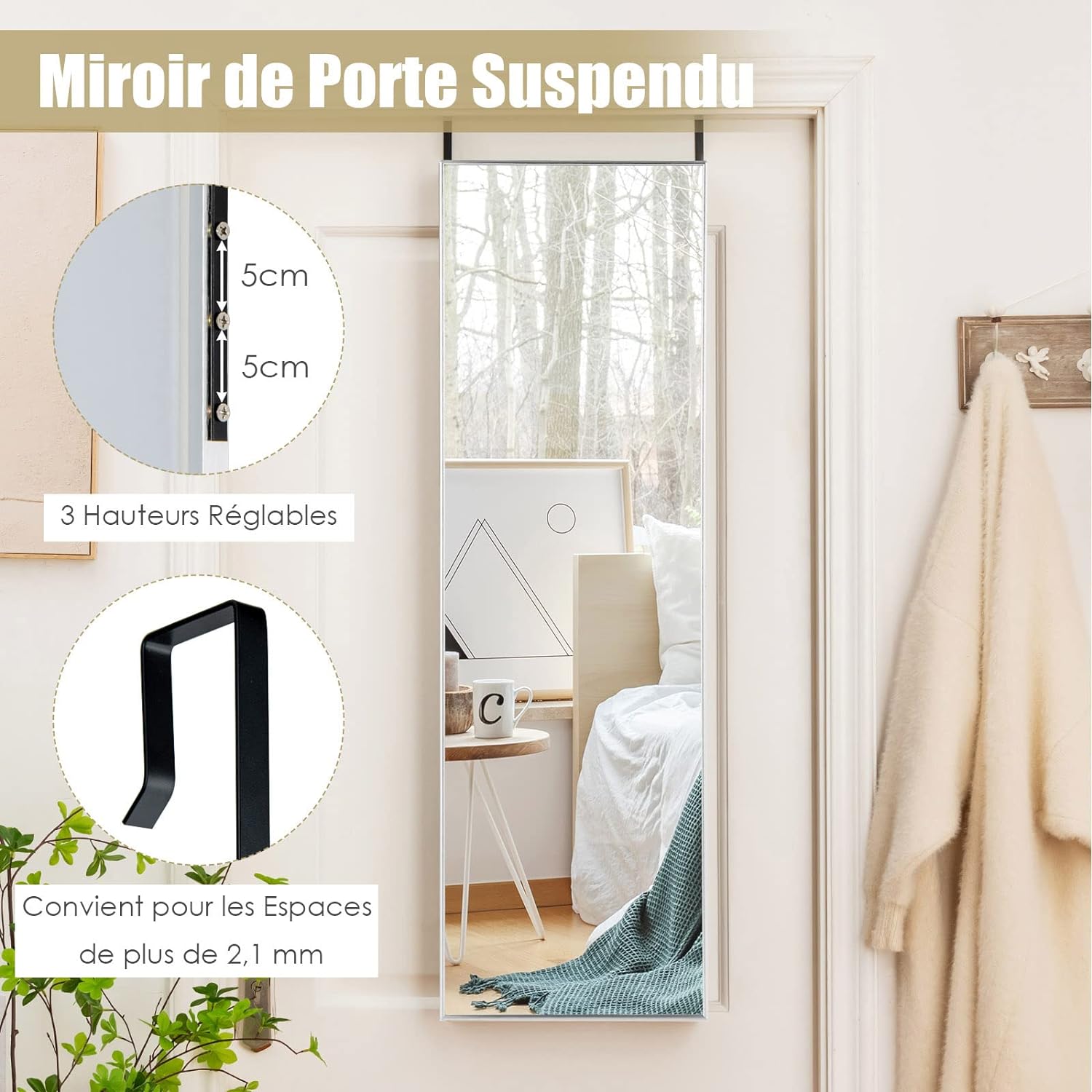 Lustro Ścienne o Wysokiej Rozdzielczości z Membraną Przeciwwybuchową, Lustro do Zawieszenia z Ramą Aluminiową i Regulowanym Haczykiem (Srebrne) - 3