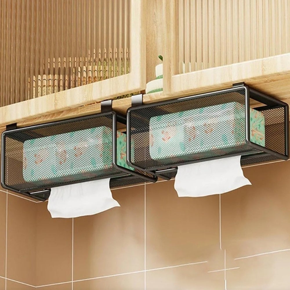 Portarotolo da cucina, supporto da parete per mobiletto senza fori, portarotolo da cucina, portaoggetti sospeso, scatola per fazzoletti capovolta - 2