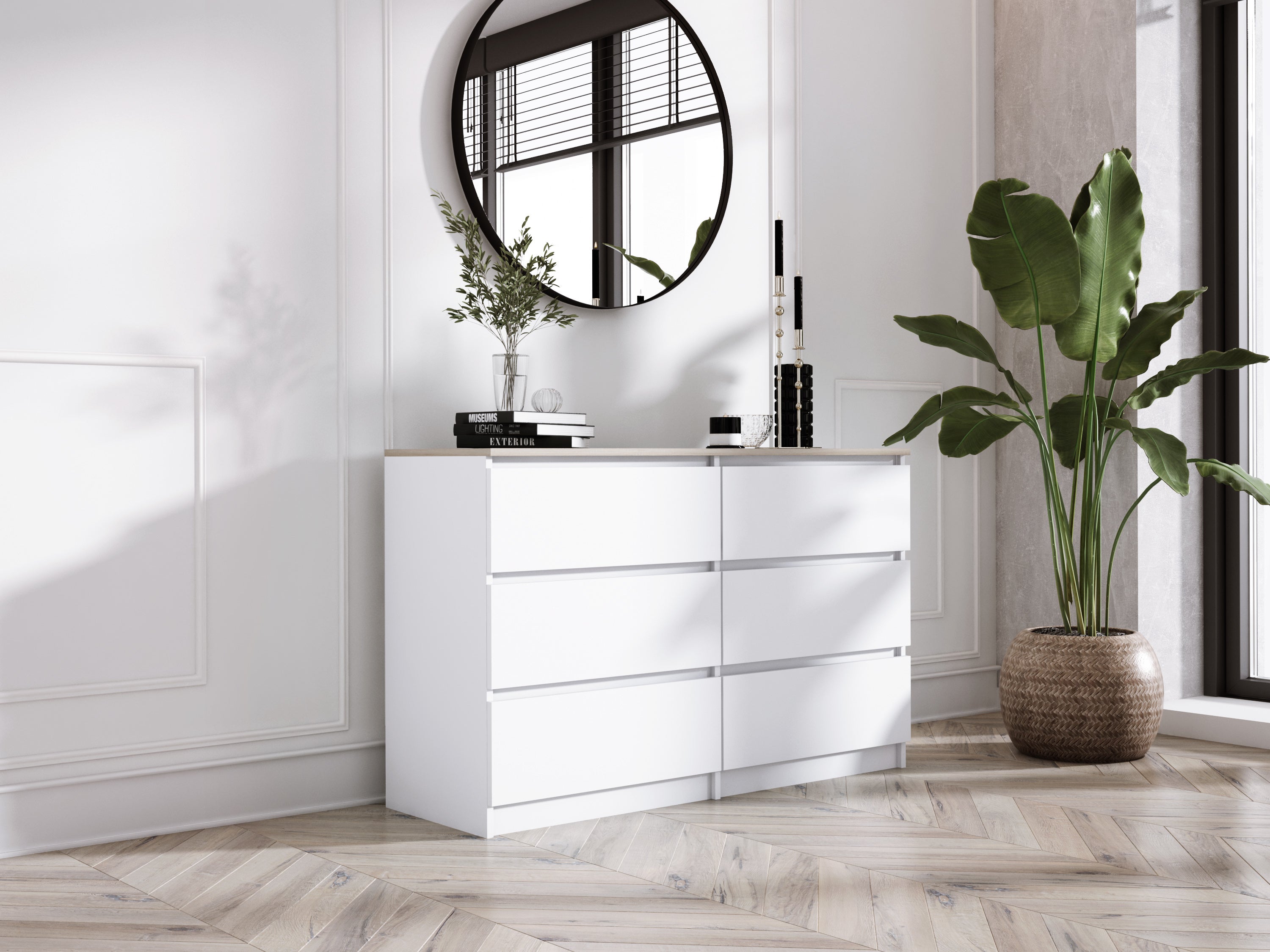 Commode 6 Tiroirs : Blanc Mat / Chêne Sonoma TOP, 120 x 39 x 79 cm - 2