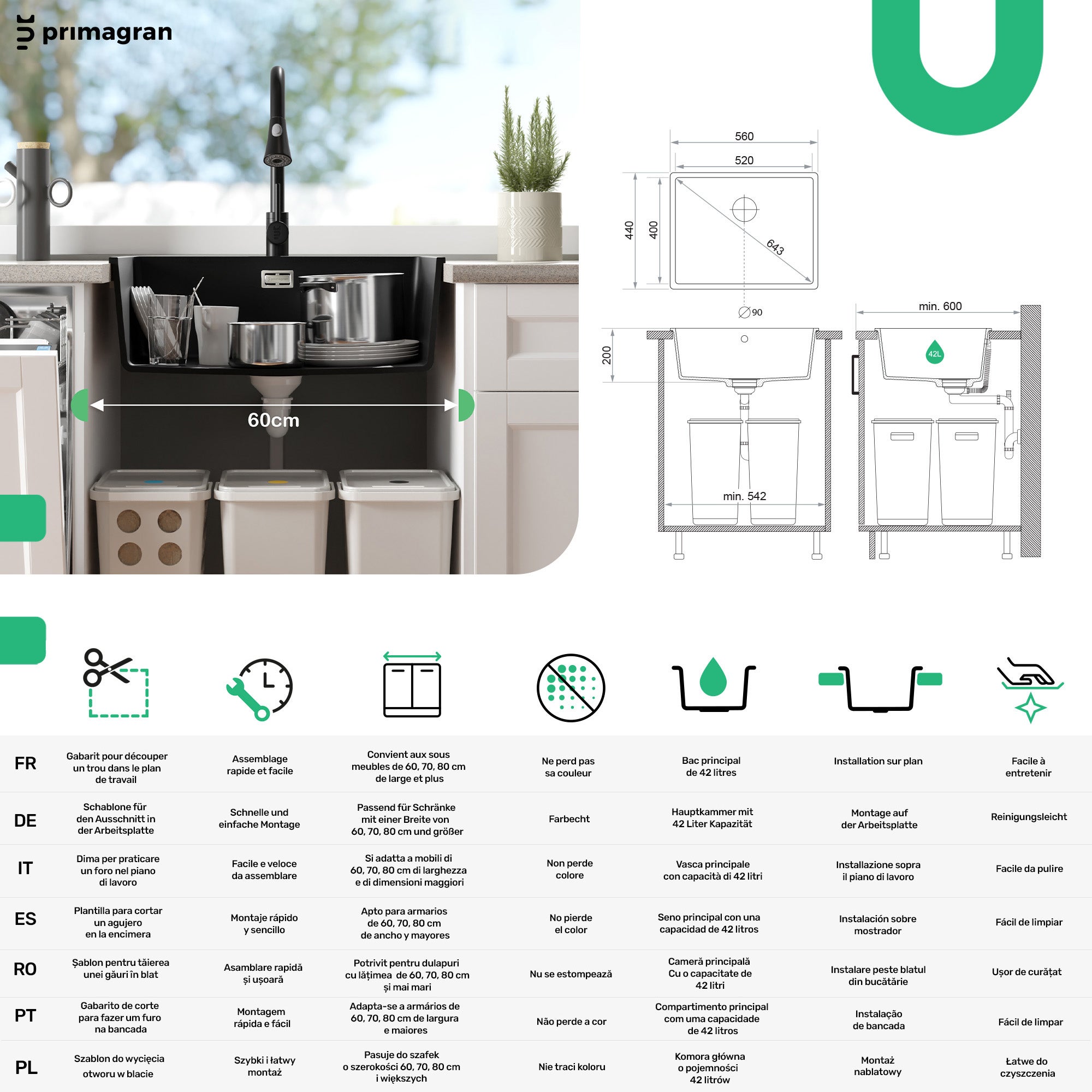 Lavandino da Cucina Nero 56x44cm, Lavello in Granito a 1 vasca + Sifone Classico + Accessori, Lavabo da Cucina Incasso al mobile 60cm PRIMAGRAN - 6