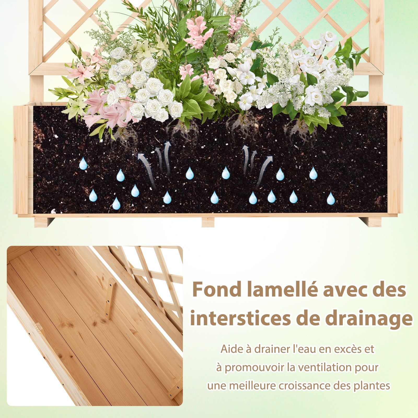 Jardinière Surélevée avec Treillis, Drainage, en Bois Massif pour Plantes Grimpantes, Fleurs, Herbes, Légumes, Fruits, 98 x 35 x 101 cm - 5