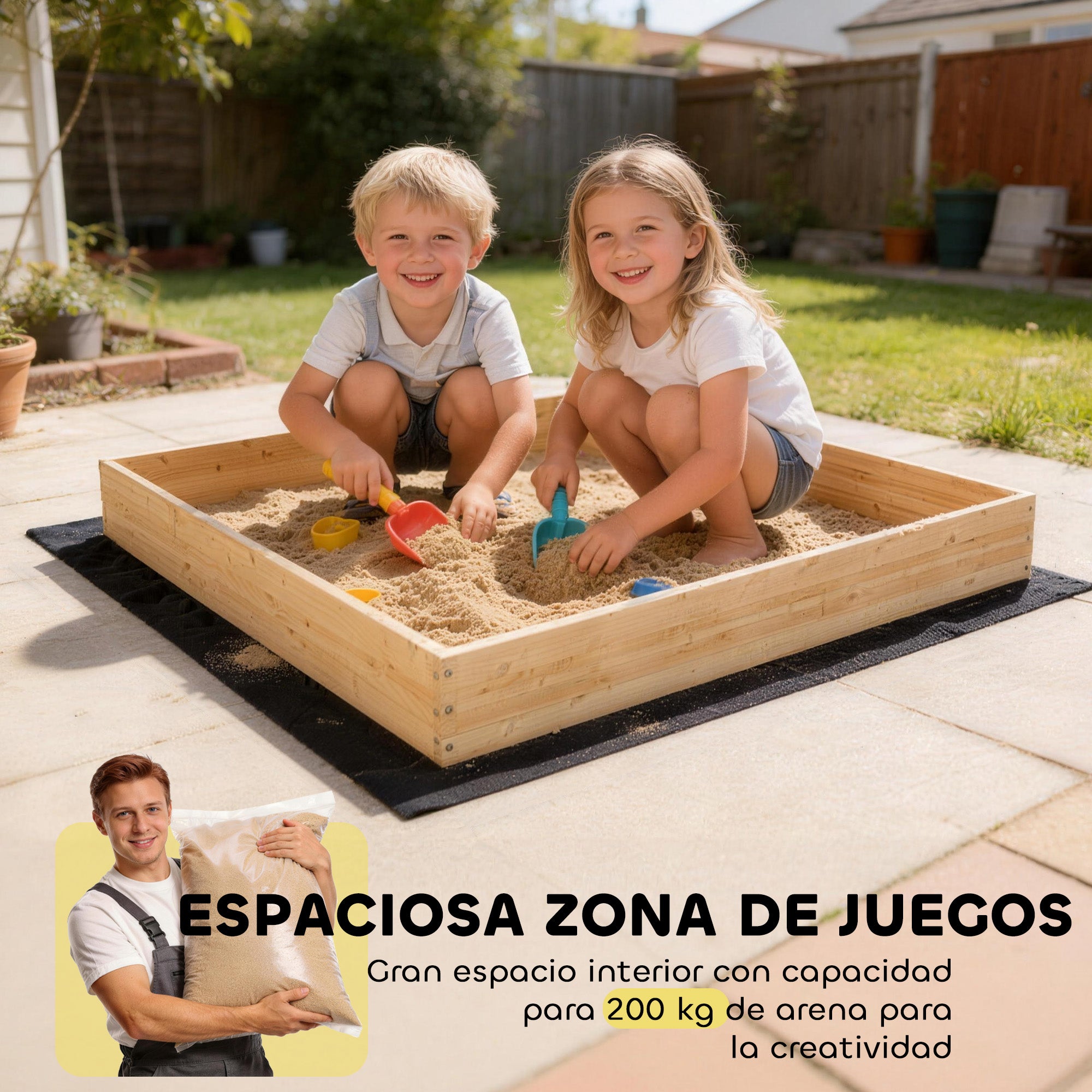 Bac à sable bois enfants 184x90x56cm avec pelle excavation, siège rotatif 360° et doublure, naturel - 9