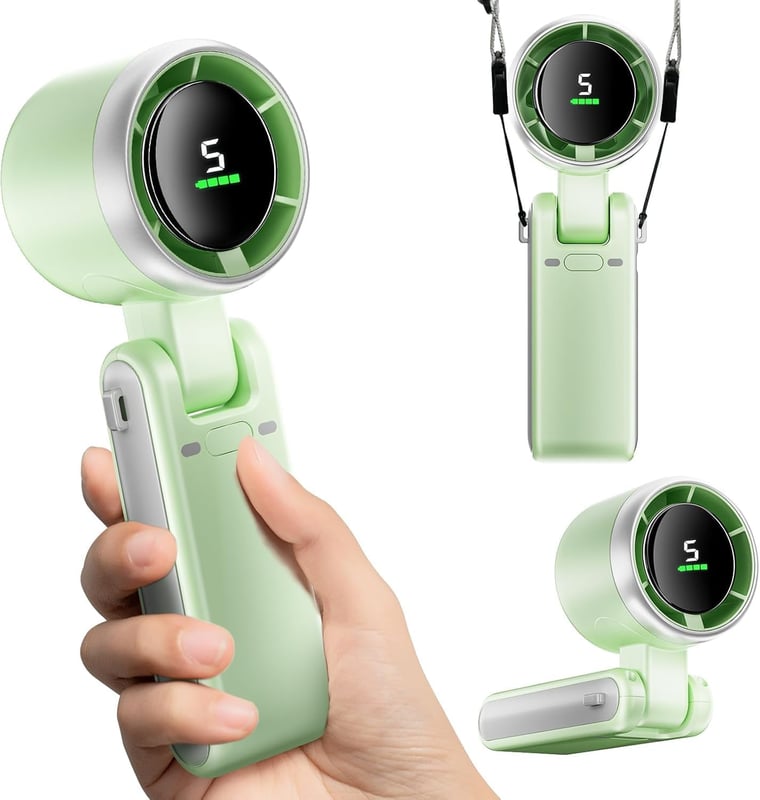 Miniaturowy, przenośny, składany wentylator, ładowany przez USB, 5 prędkości, wyświetlacz cyfrowy, idealny w podróży i na kempingu, w kolorze zielony