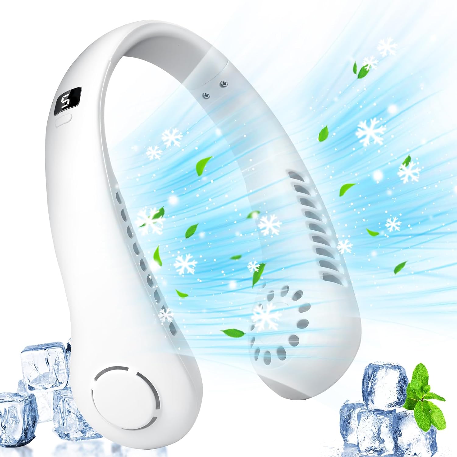 Bezłopatkowy, przenośny wentylator na szyję z akumulatorem – 5 prędkości i przepływ powietrza 360° – miękki pasek na szyję – biały