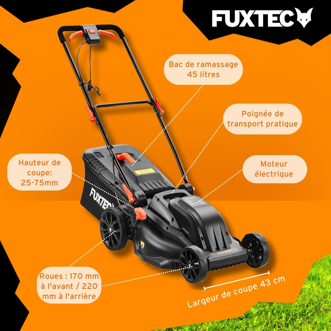 Fuxtec tagliaerba elettrico FX-RME43, 1200W, larghezza 43cm, altezza regolabile 25-75mm, cesto 45L - 6