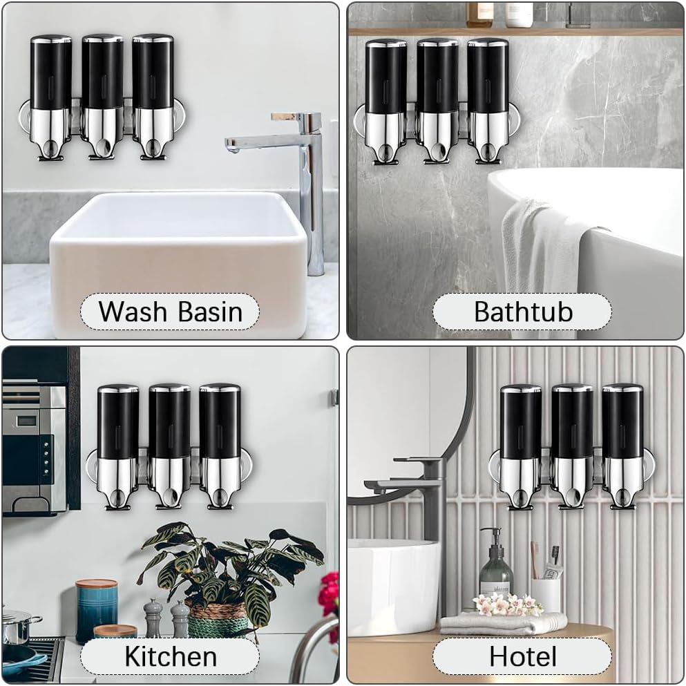Dispenser Sapone Da Parete A 3 Scomparti - 420 Ml, Nero, Senza Fori, Per Bagno E Cucina