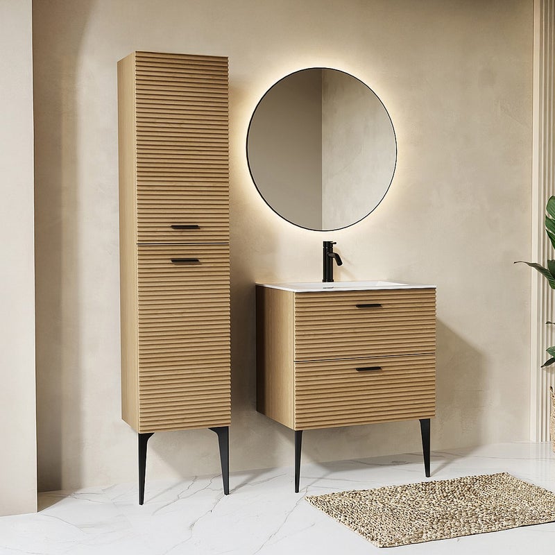 Szafka łazienkowa na nóżkach z umywalką do zbudowy i słupkiem, z prążkowanym frontem- 2 szuflady - Jasny naturalny - 60 cm - SARONE