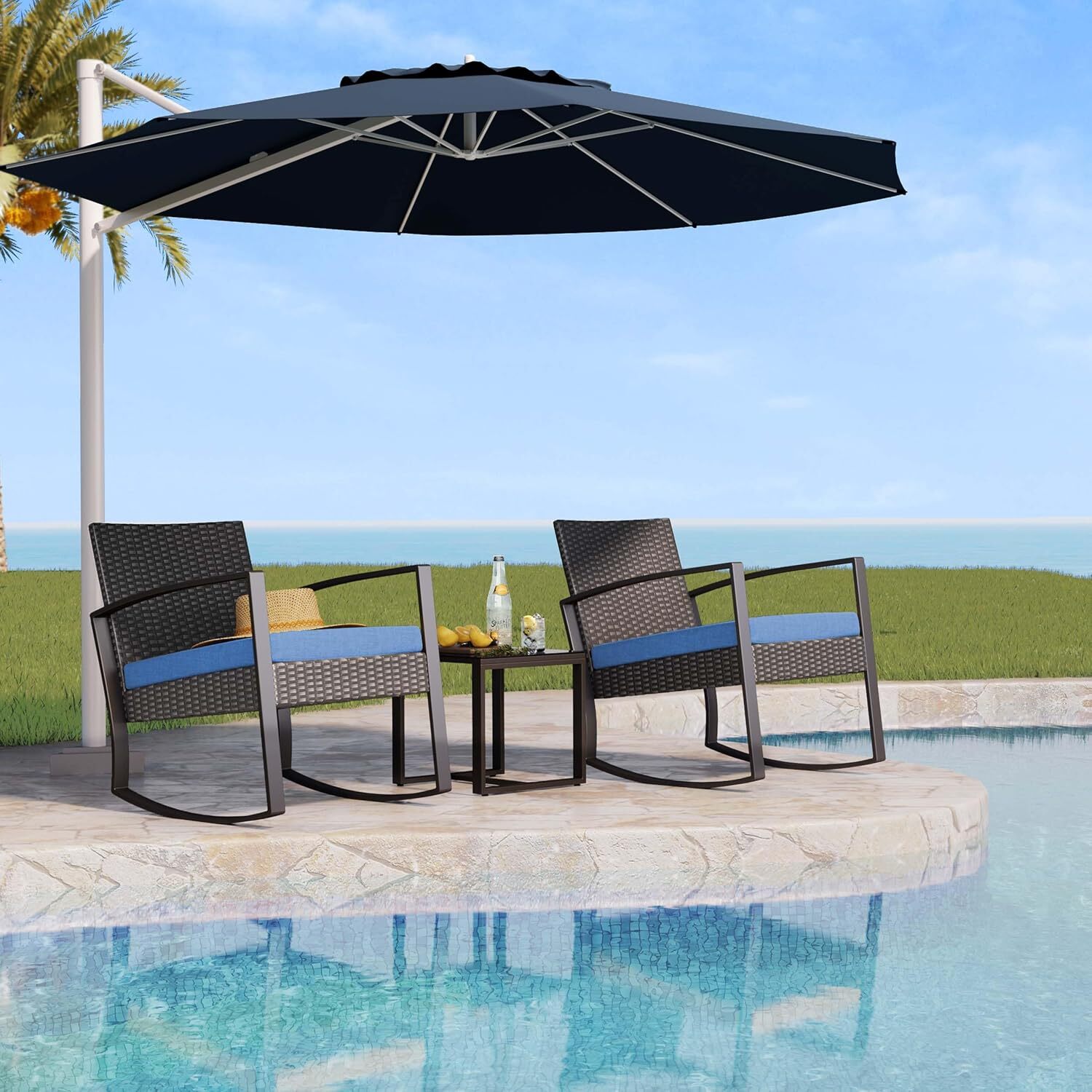 Set da Giardino 2 Posti Set Sedia a Sdraio con Cuscino Tavolo in Vetro Temperato Insieme di Mobili per Patio, Giardino e Esterno Blu Bealife - 6