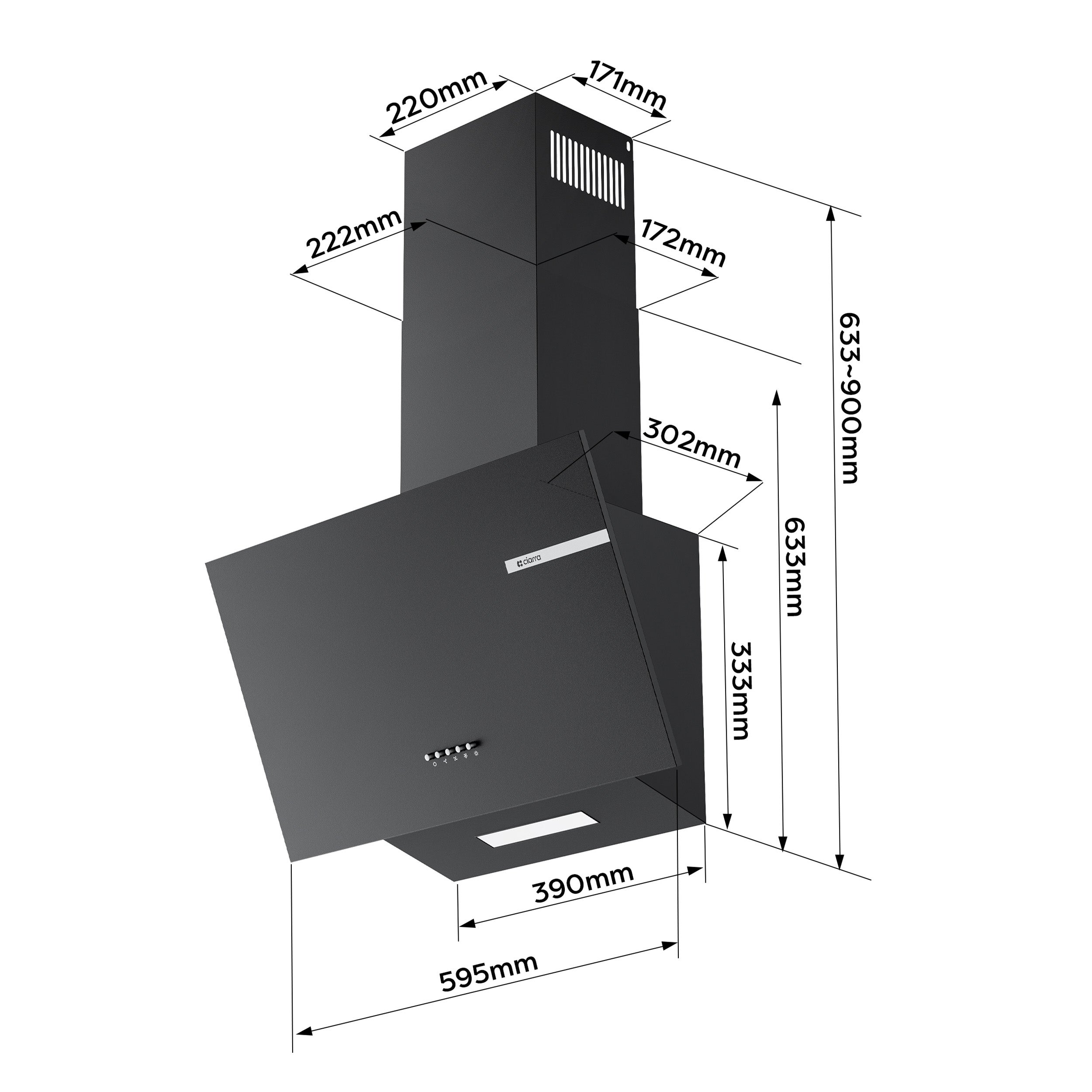 CIARRA Hotte Aspirante Inclinée 60cm 580m³/h Classe A+ 3 Vitesses Recyclage et Évacuation 2 Filtres à charbon Noir CD6765AB - 9