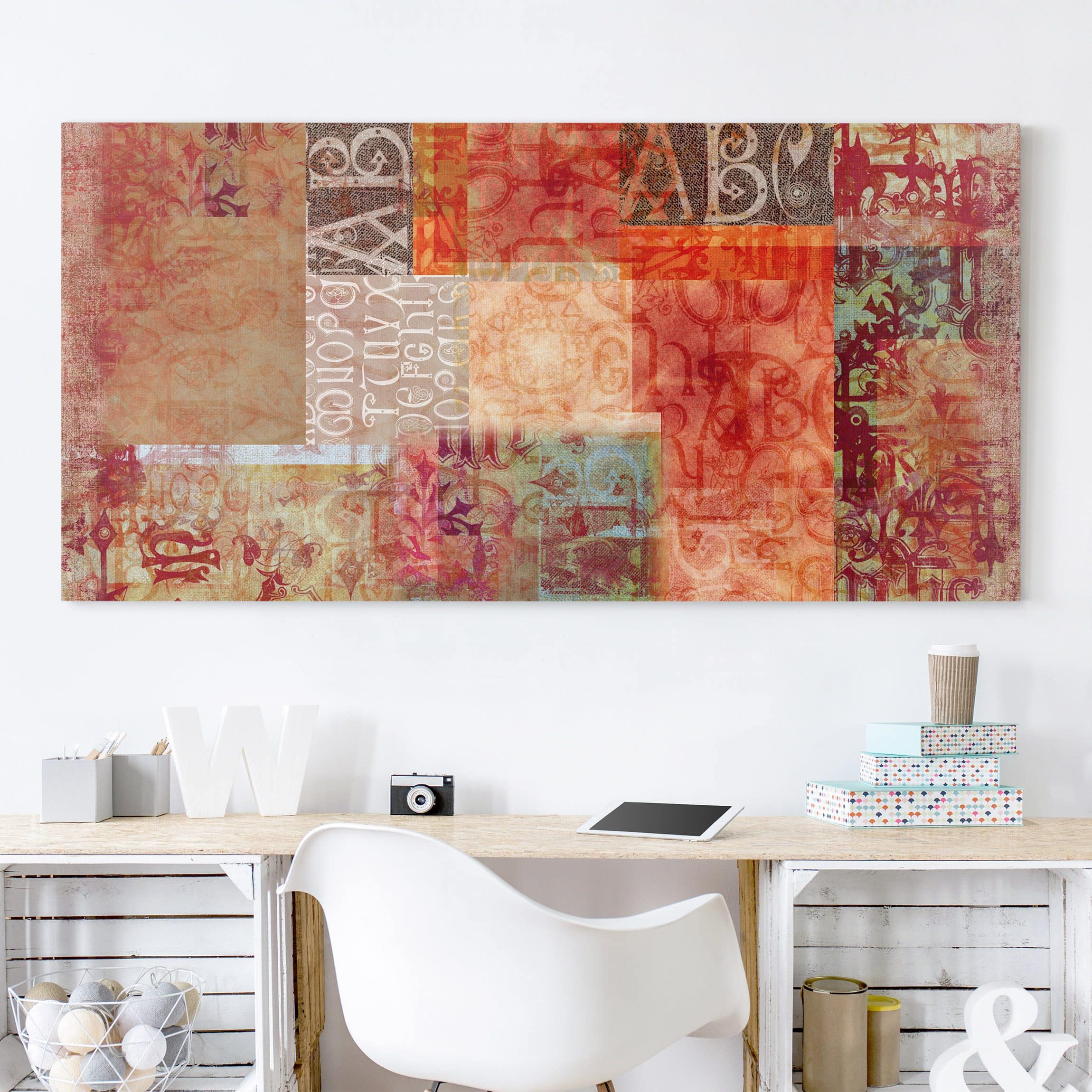 Lienzo cuadro en lienzo bastidor impresion en lienzo rojo shabby fotomontaje letras 123 cuarto de baño dormitorio salón pasillo 120 x 60 cm